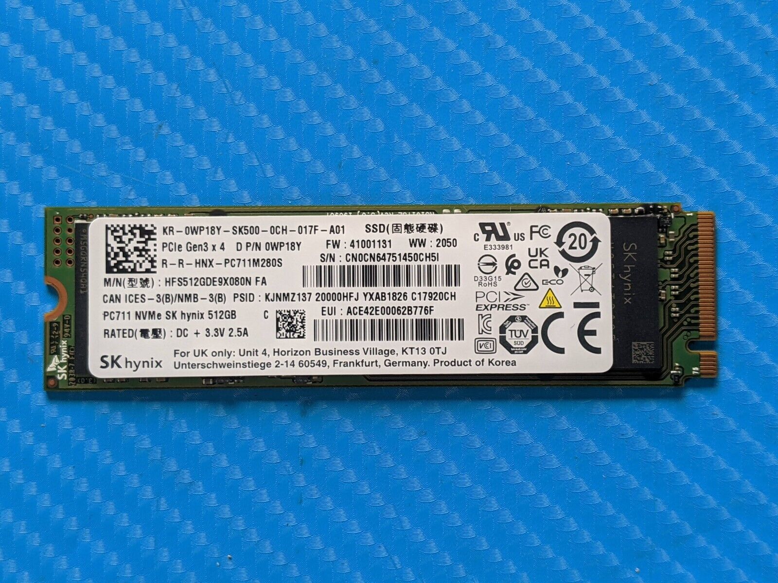 Dell 5550 SK Hynix 512GB NVMe M.2 SSD Solid State Drive HFS512GDE9X080N WP18Y