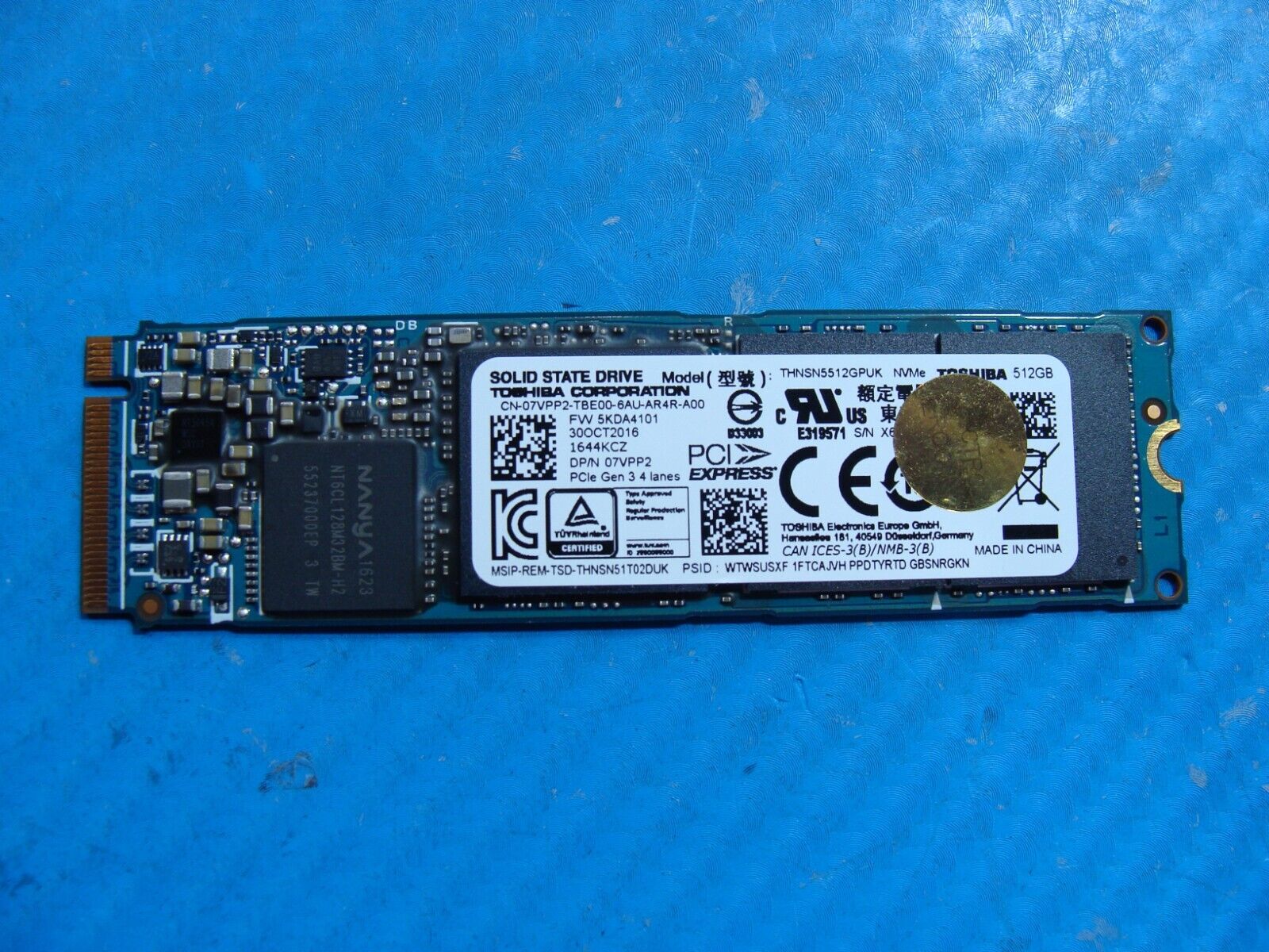 Dell 7370 Toshiba 512GB NVMe M.2 SSD Solid State Drive THNSN5512GPUK 7VPP2