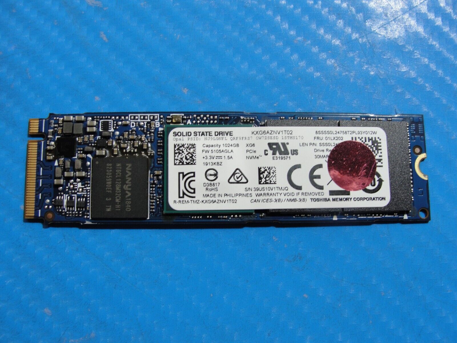 Lenovo P43s Toshiba 1TB M.2 NVMe SSD Solid State Drive KXG6AZNV1T02 01LX202