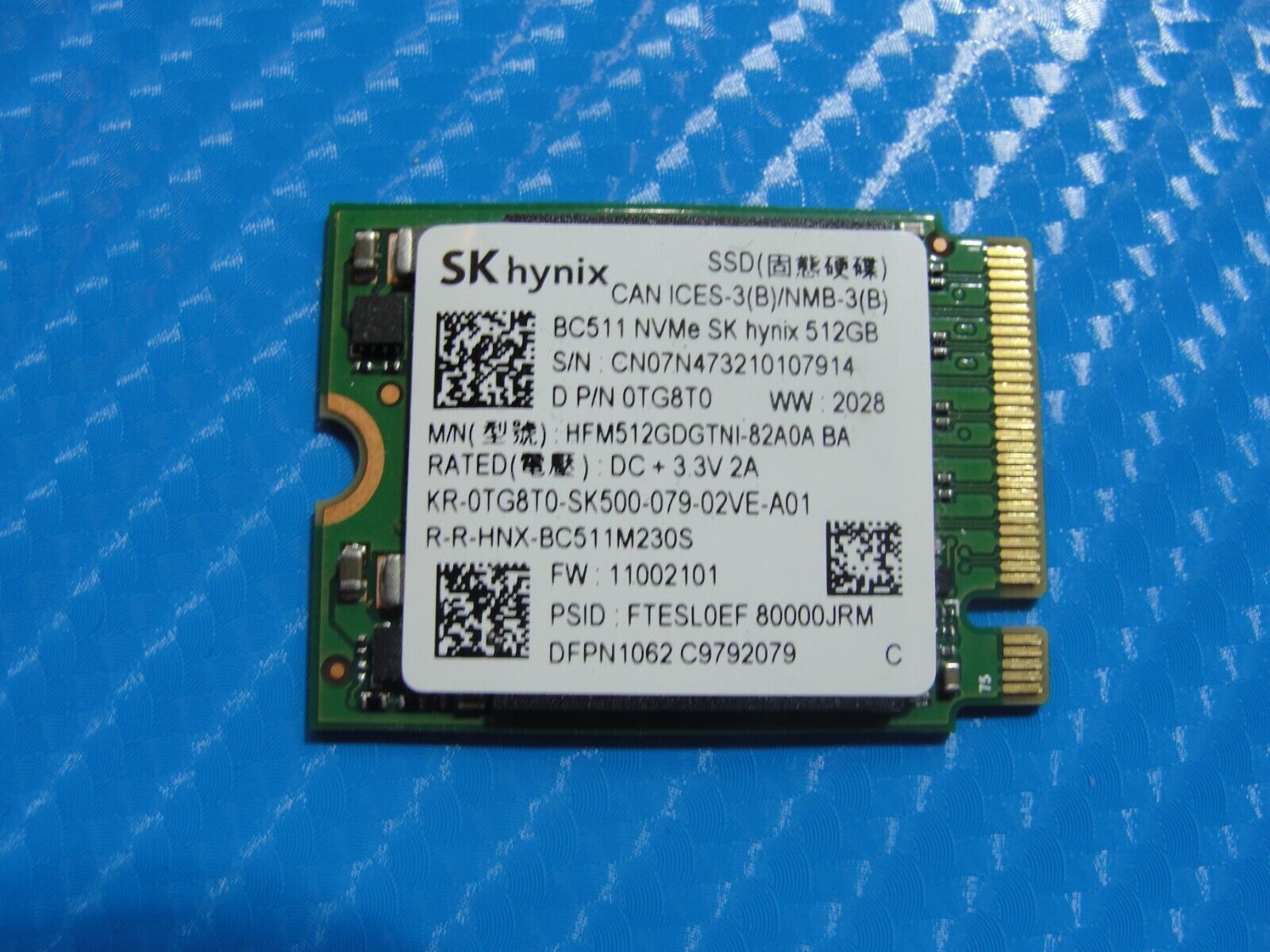 Dell 5510 SK Hynix 512GB NVMe M.2 SSD Solid State Drive HFM512GDGTNI-82A0A TG8T0