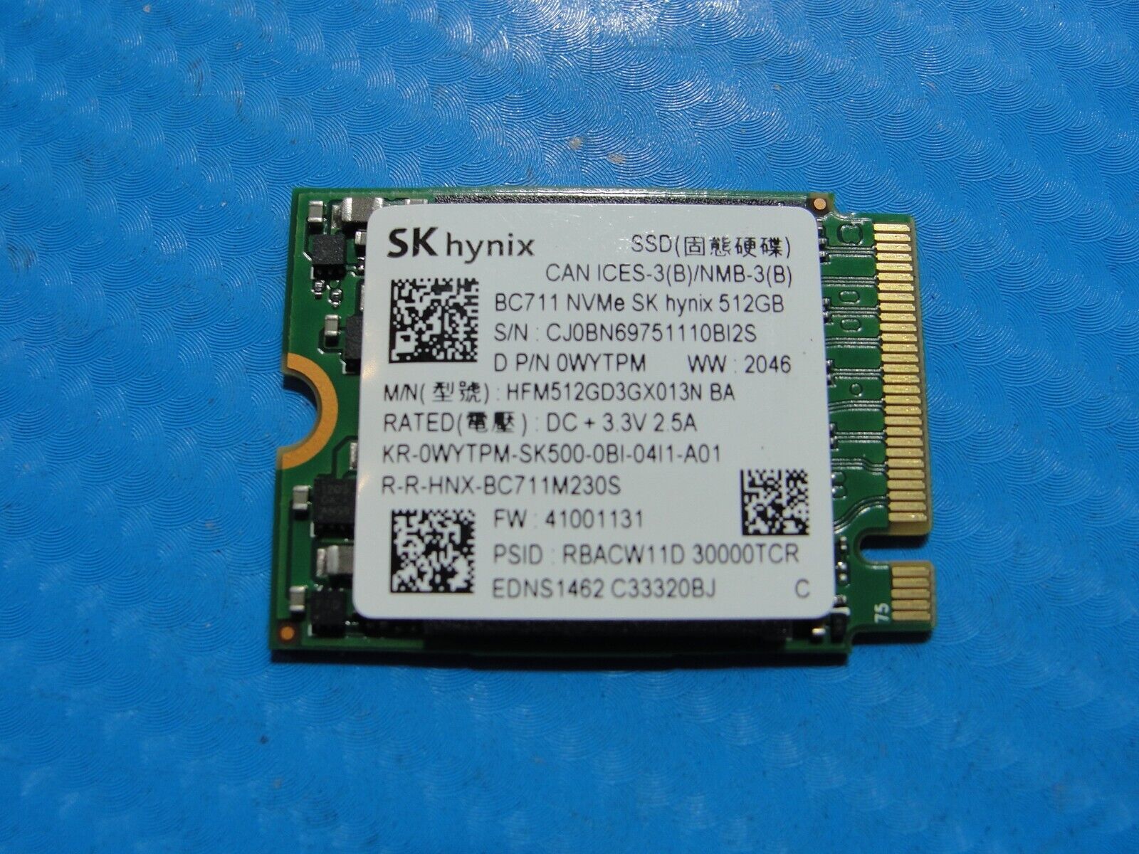 Dell 5411 SK Hynix 512GB NVMe M.2 SSD Solid State Drive HFM512GD3GX013N WYTPM