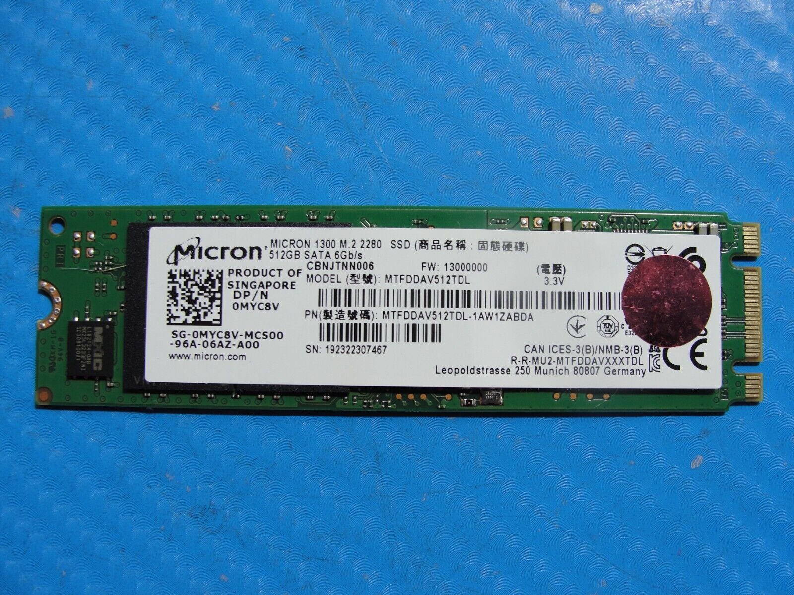 Dell 7490 Micron 512GB M.2 SATA SSD Solid State Drive MTFDDAV512TDL MYC8V