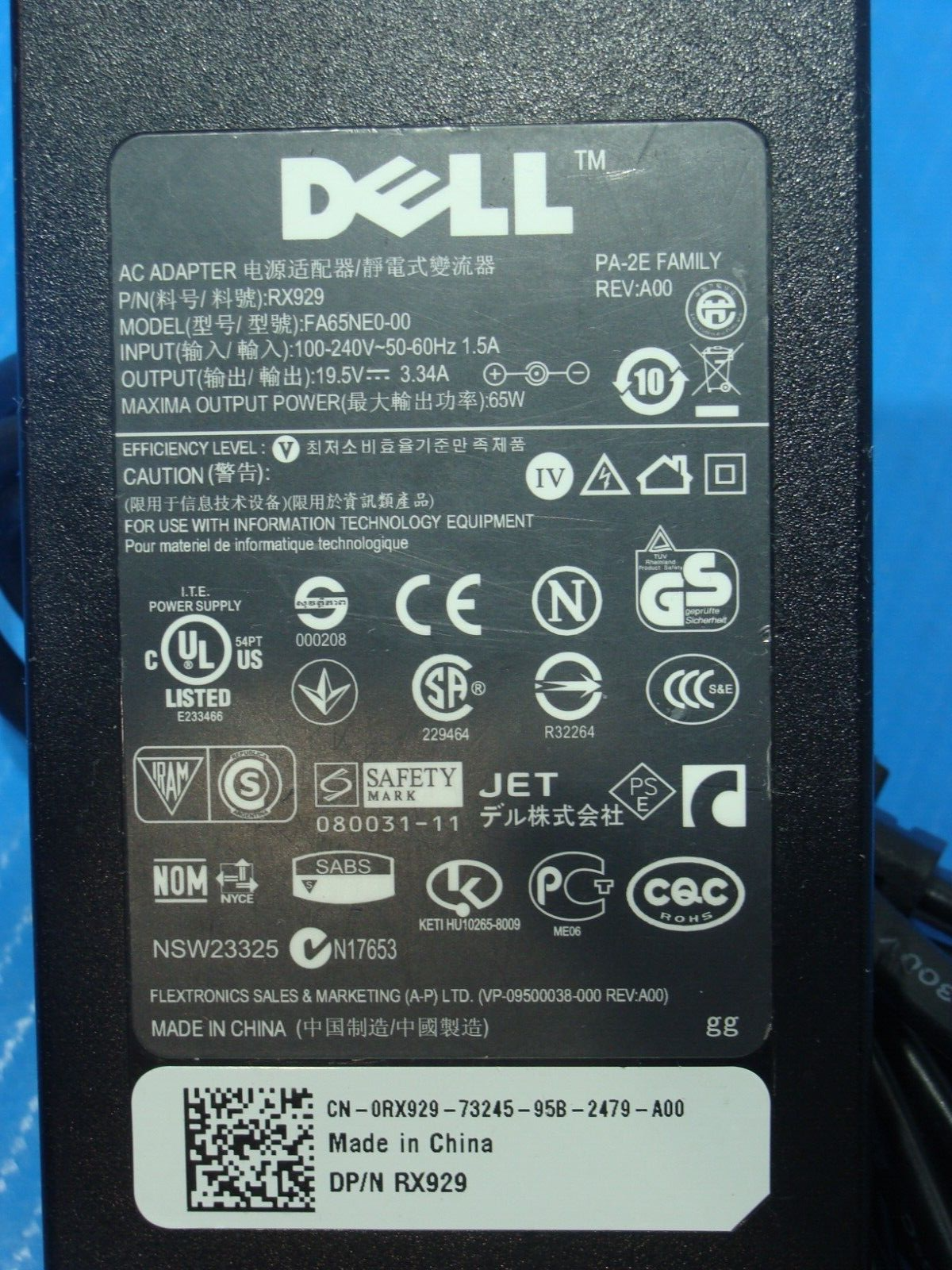 Dell 65W AC Adapter FA65NS0-00 HA65NS1-00 LA65NS0-00 HP-OQ065B83 PA-2E Family