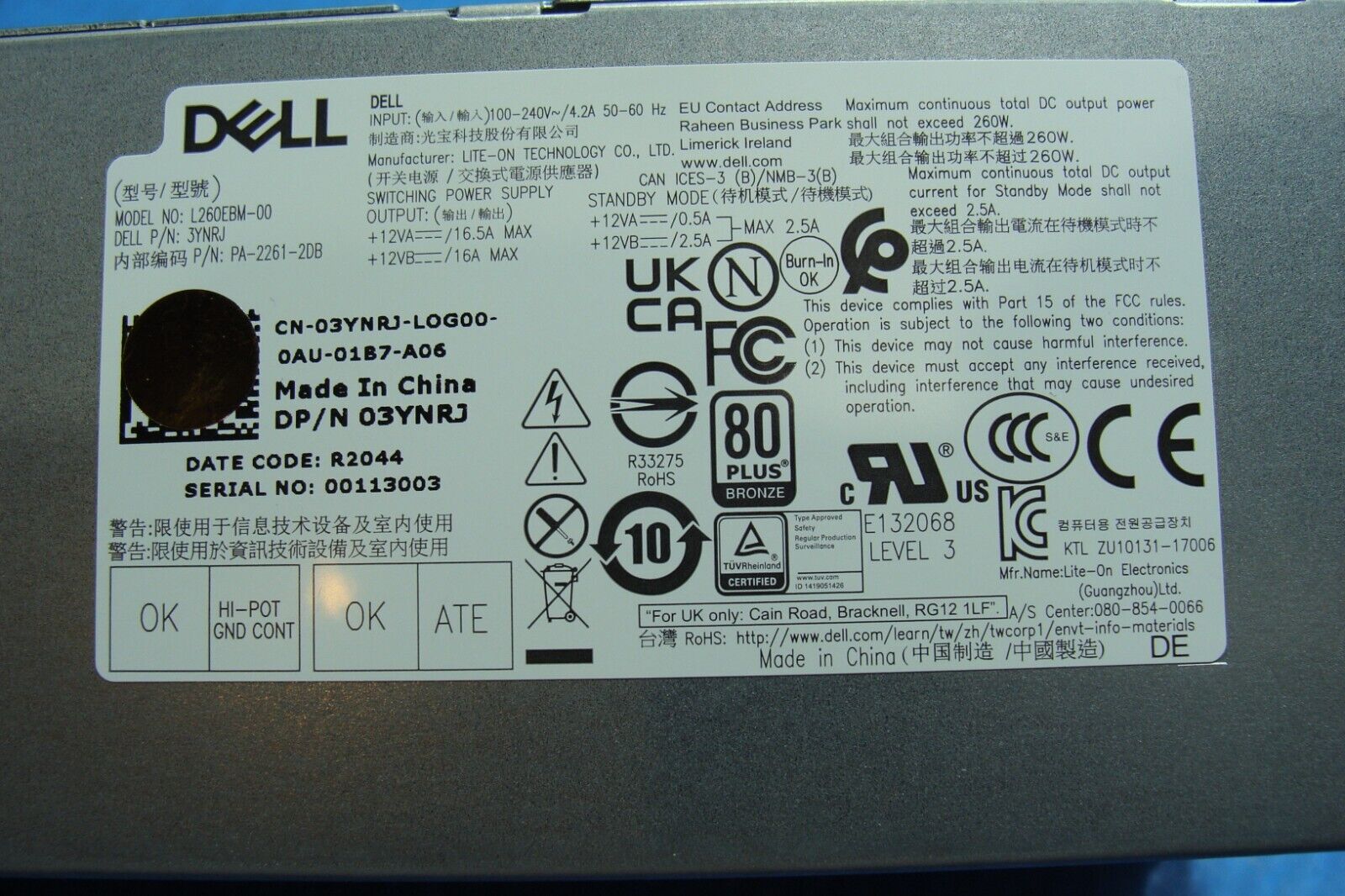 Dell OptiPlex 3080 Genuine Desktop 260W Power Supply L260EBM-00 3YNRJ