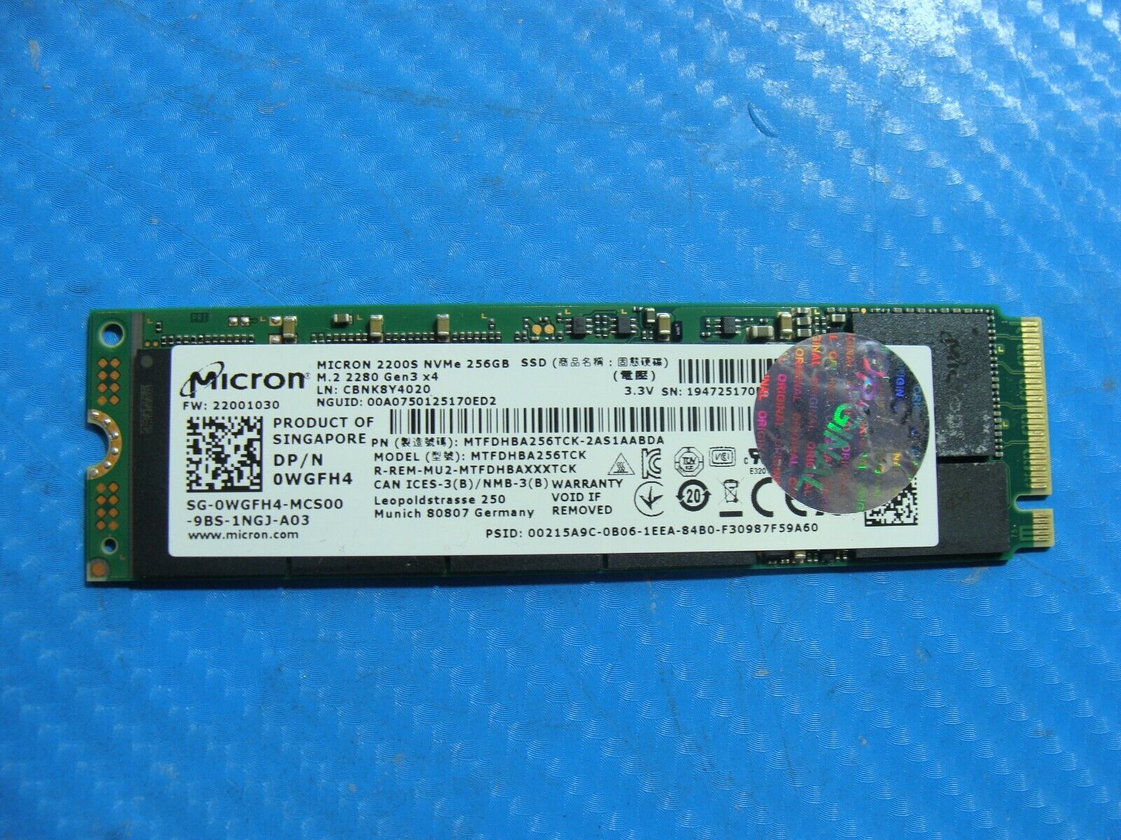 Dell 7540 Micron 256GB M.2 NVMe SSD Solid State Drive MTFDHBA256TCK-2AS1AABDA