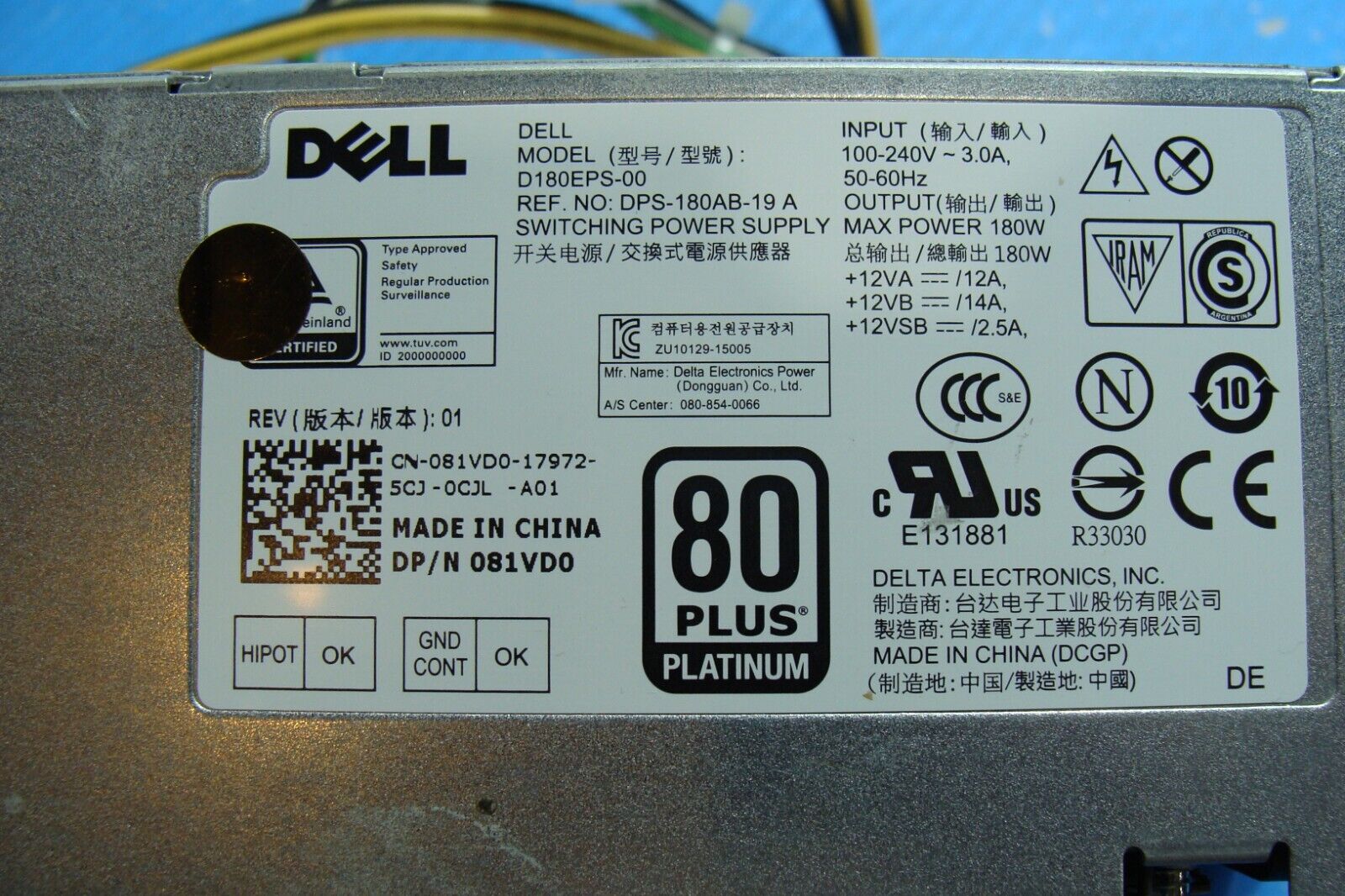 Dell Optiplex 7040 SFF Genuine Desktop 180W Power Supply D180EPS-00 81VD0