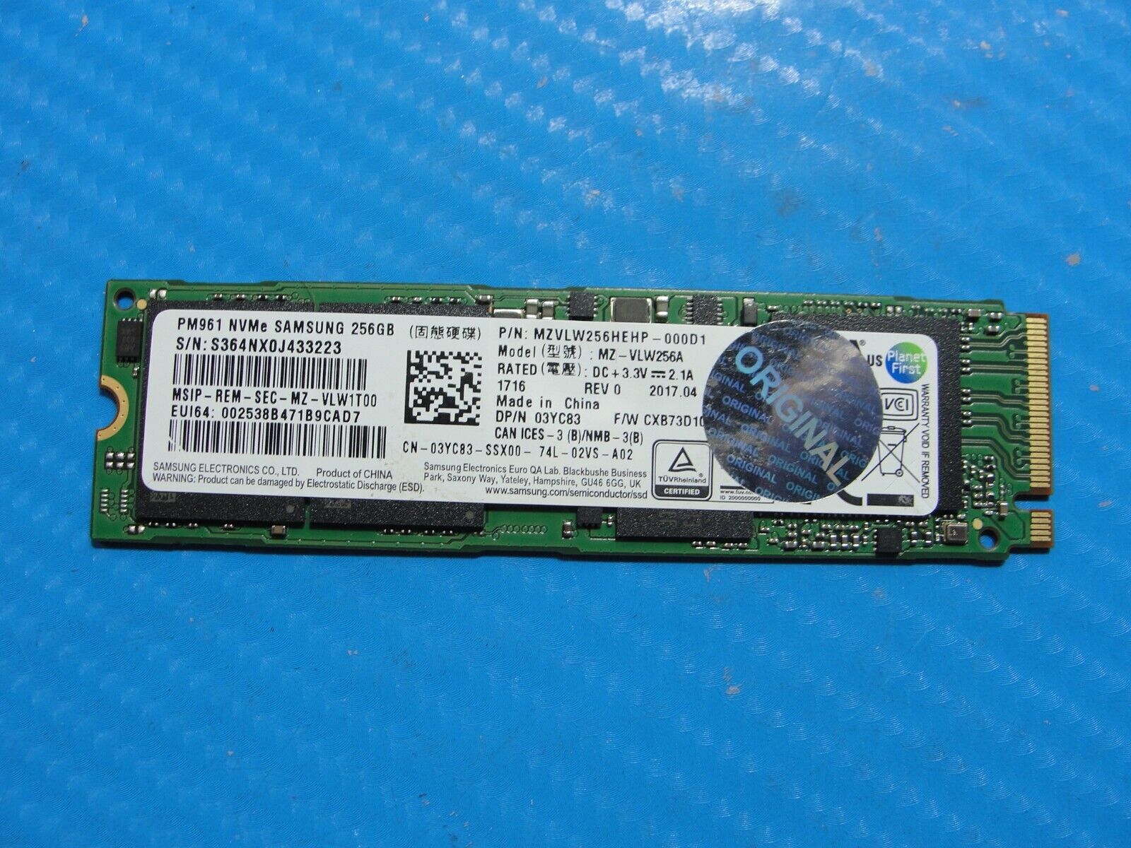 Dell 7389 Samsung 256GB NVMe M.2 SSD Solid State Drive MZVLW256HEHP-000D1 3YC83