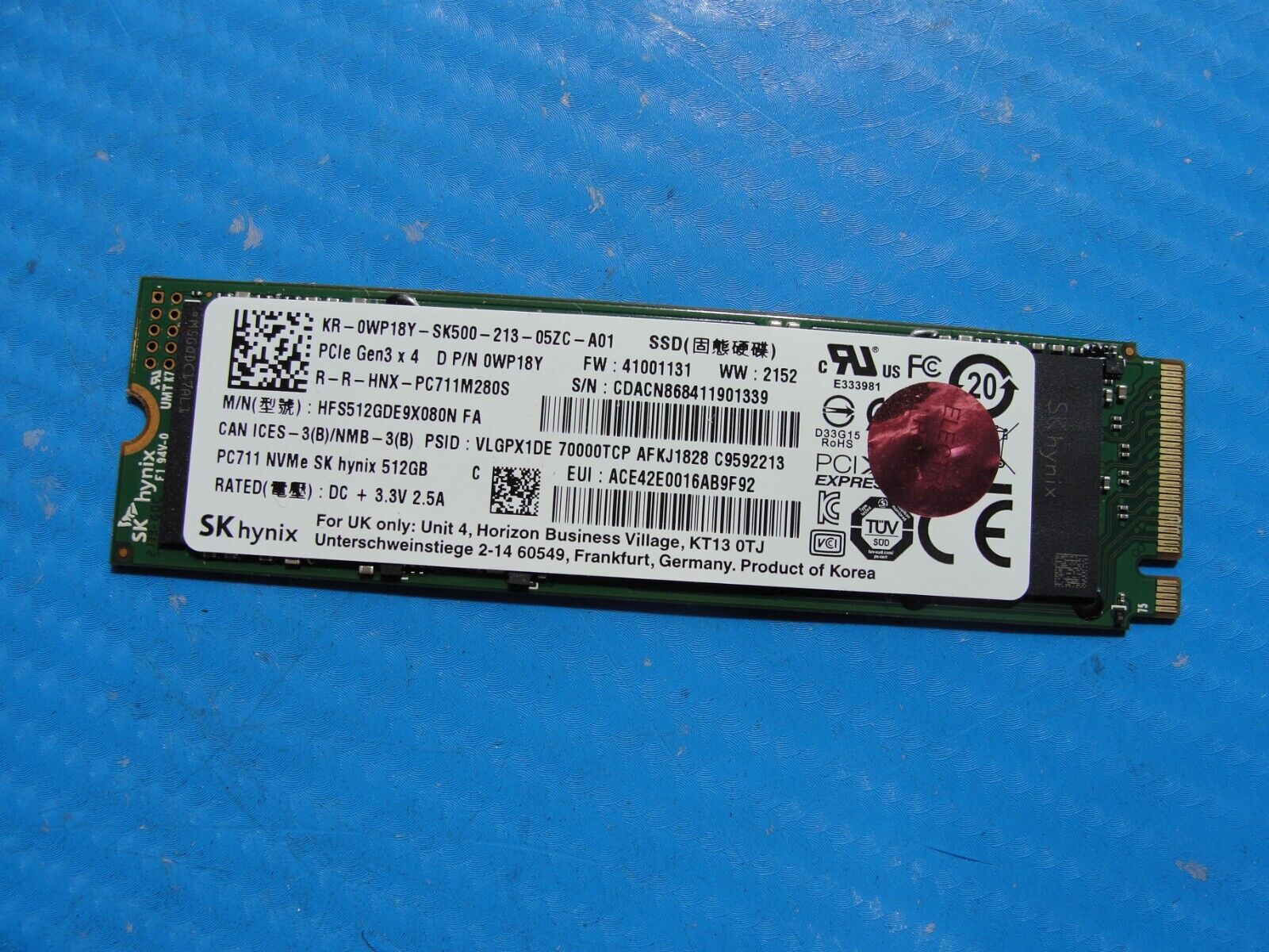 Dell 15 9510 SK Hynix 512GB NVMe M.2 SSD Solid State Drive HFS512GDE9X080N WP18Y