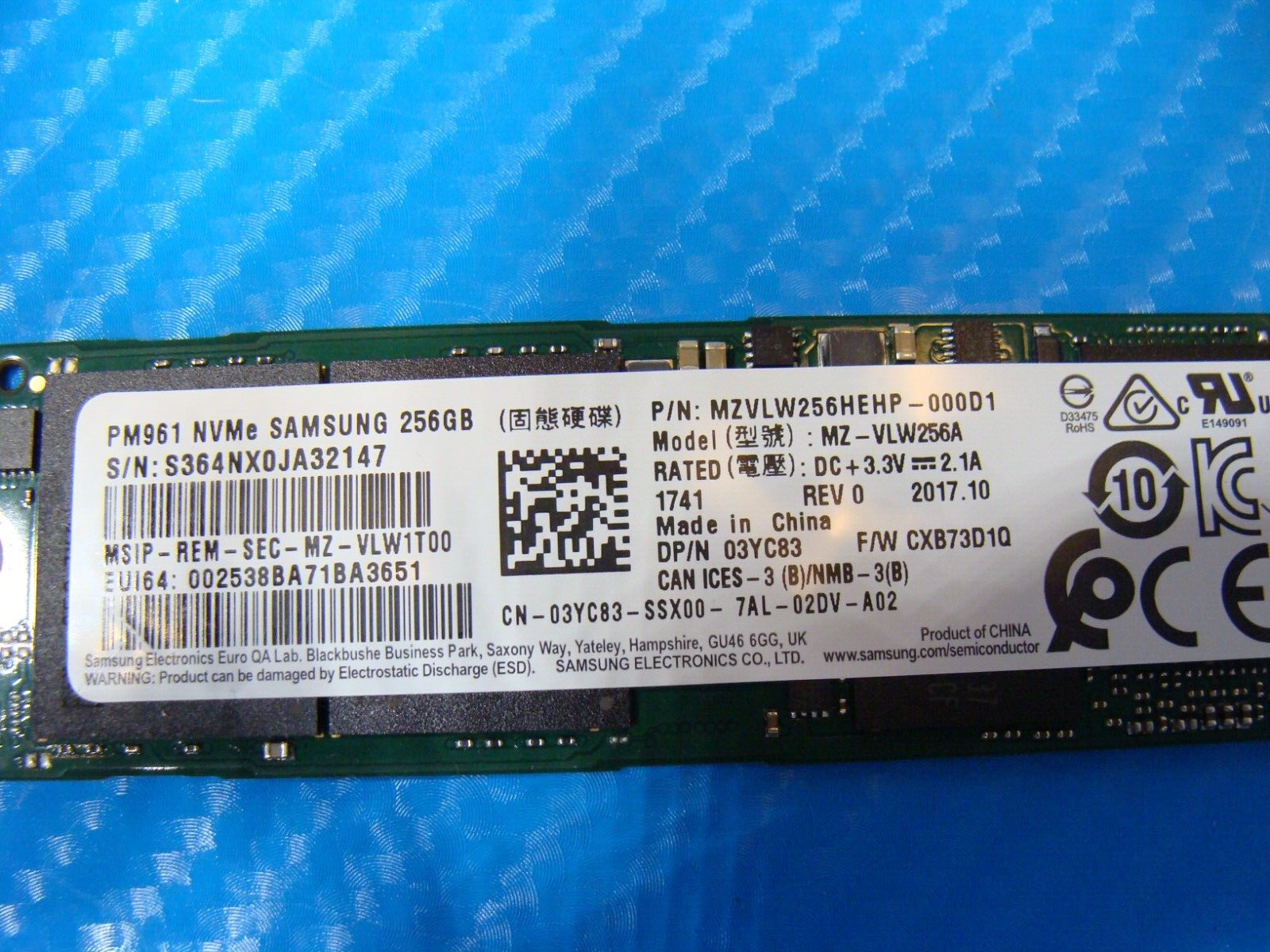 Dell 7577 Samsung 256GB M.2 NVMe SSD Solid State Drive MZVLW256HEHP-000D1 3YC83