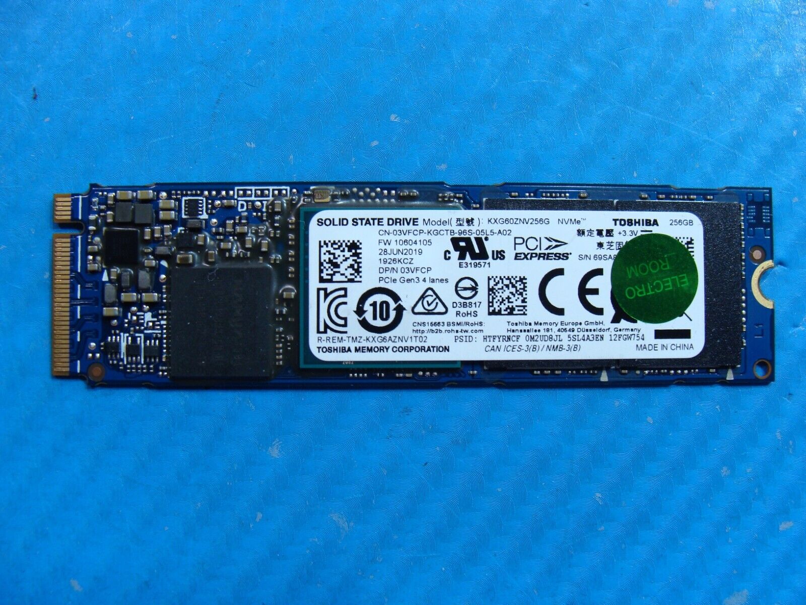 Dell 15 9560 Toshiba 256GB NVMe M.2 SSD Solid State Drive KXG60ZNV256G 3VFCP