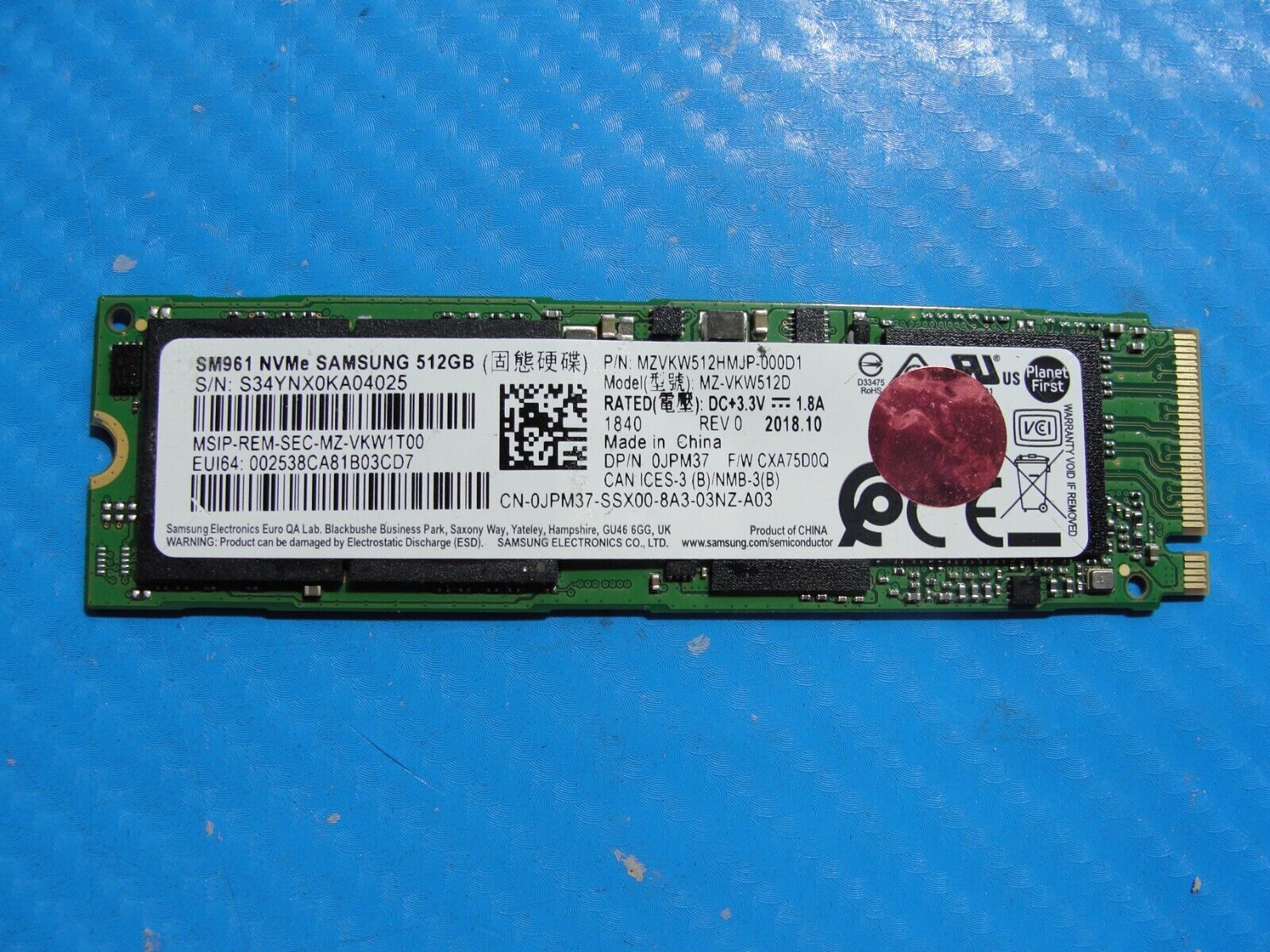 Dell 5530 Samsung 512GB NVMe M.2 SSD Solid State Drive MZVKW512HMJP-000D1 JPM37