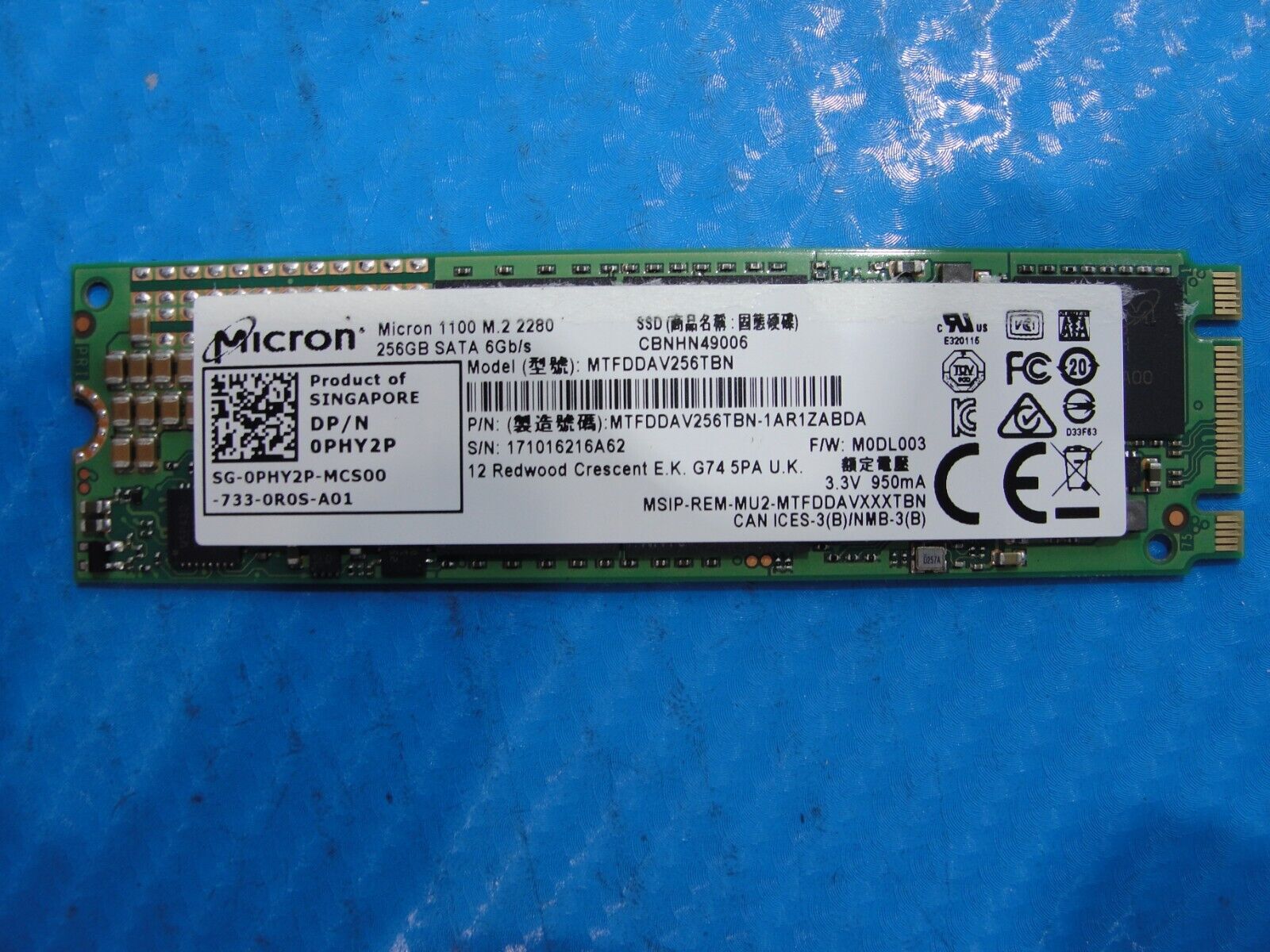 Dell E5570 Micron SATA M.2 256GB SSD Solid State Drive MTFDDAV256TBN PHY2P