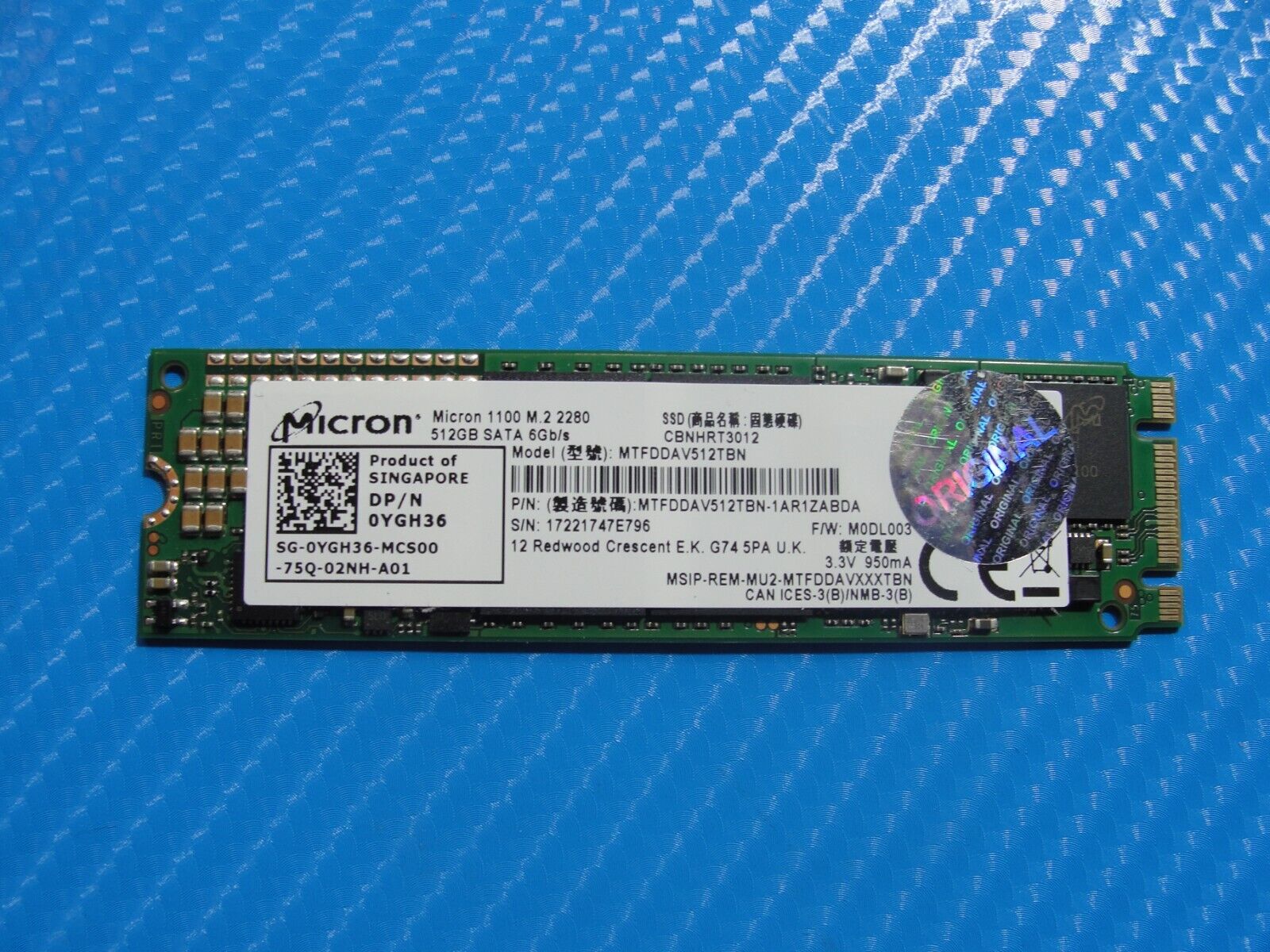 Dell 7480 Micron 512GB M.2 SATA SSD Solid State Drive MTFDDAV512TBN-1AR1ZABDA