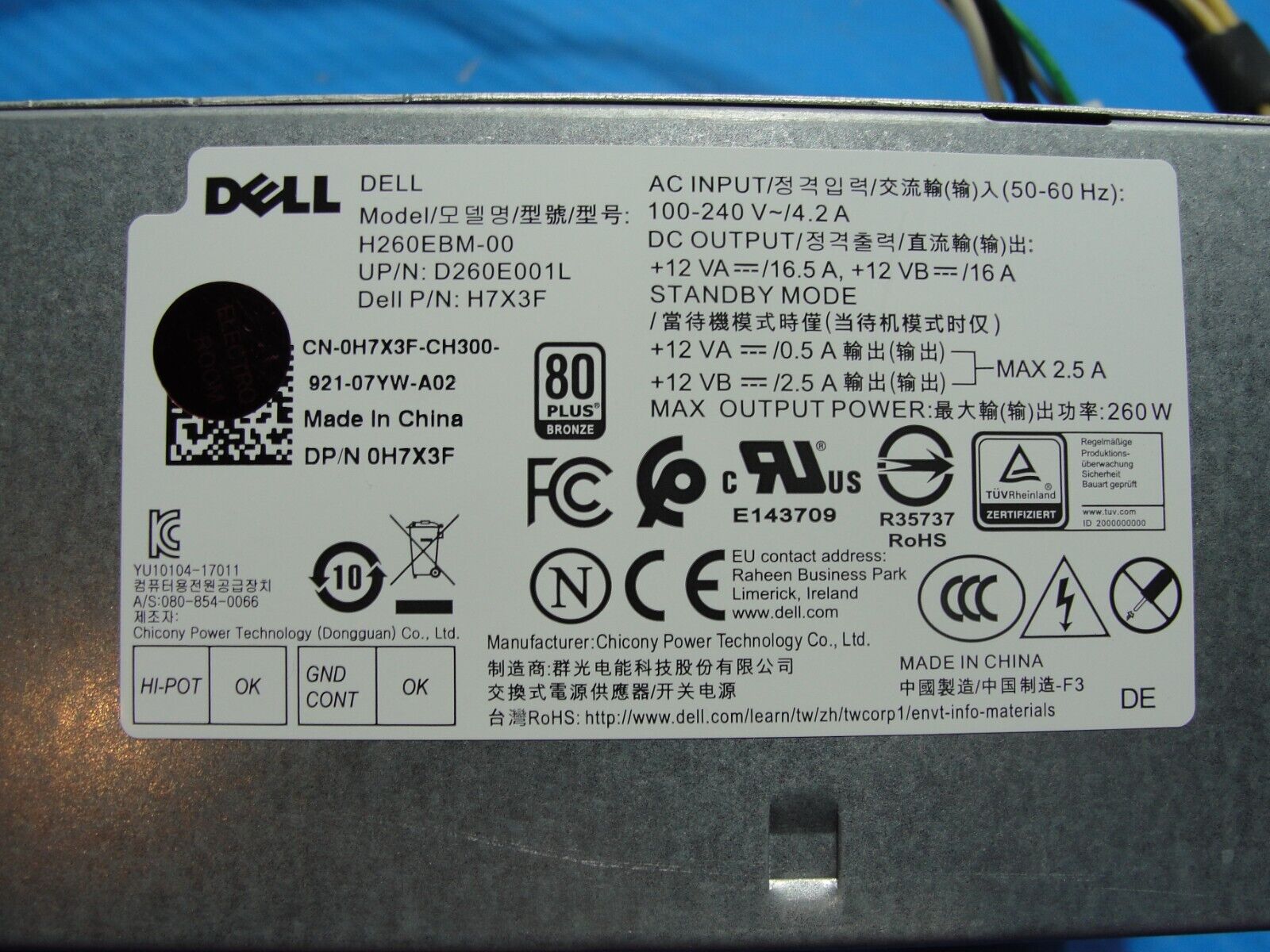 Dell Optiplex 3060 SFF Desktop 260W Power Supply H7X3F H260EBM-00