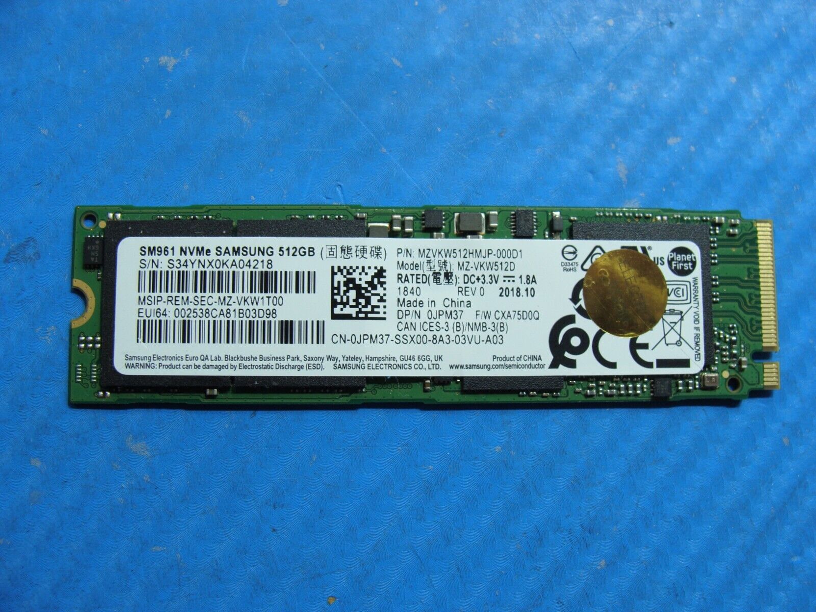 Dell 7530 Samsung 512GB NVMe M.2 SSD Solid State Drive MZVKW512HMJP-000D1 JPM37