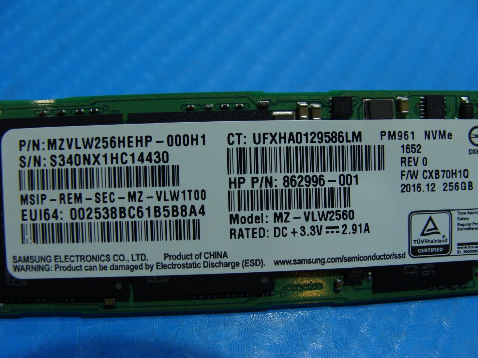 HP 15-as020nr Samsung 256GB NVMe M.2 SSD Solid State Drive MZ-VLW2560 862996-001