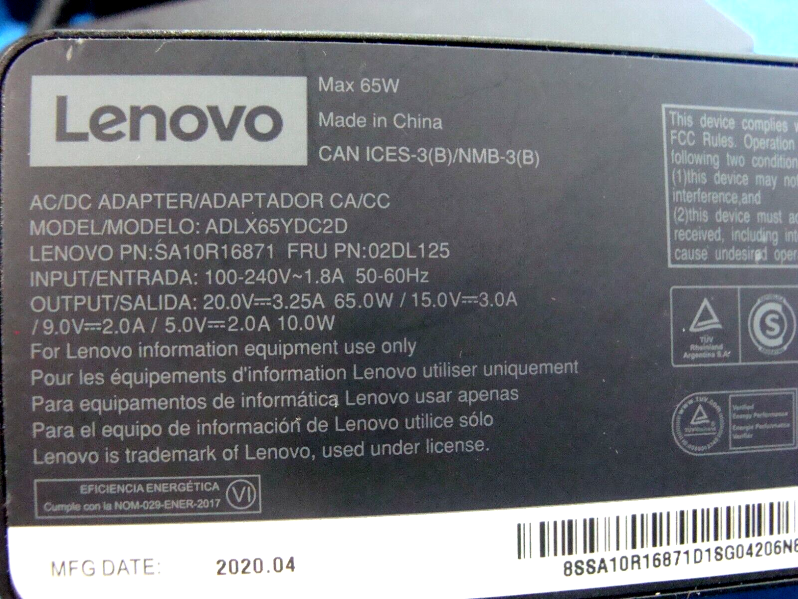 Charger Adapter Lenovo 65W 20V 3.25A USB-C Type-C Thinkpad X260 Yoga ADLX65YCC2A