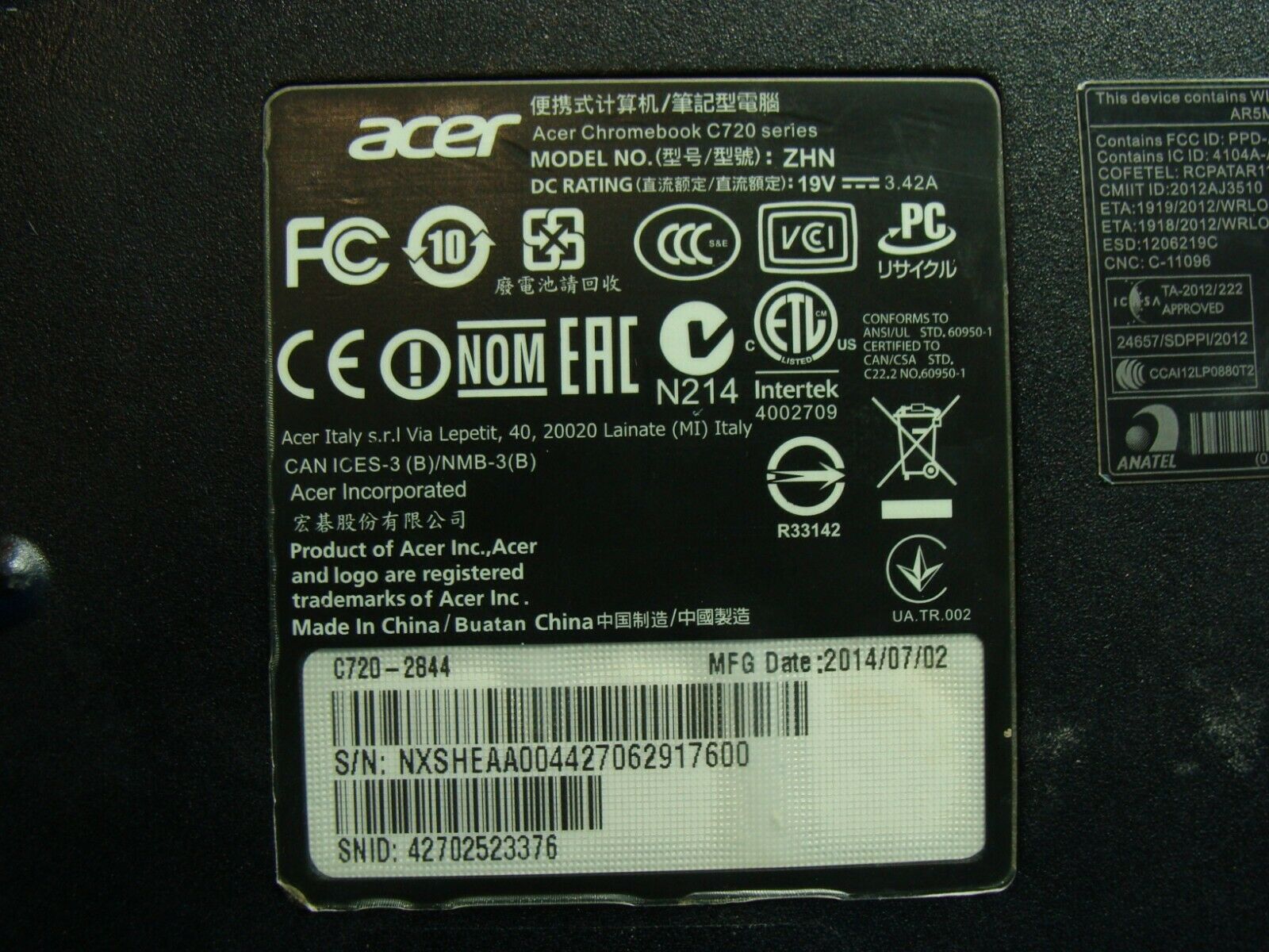 Acer Chromebook C720-2844 11.6