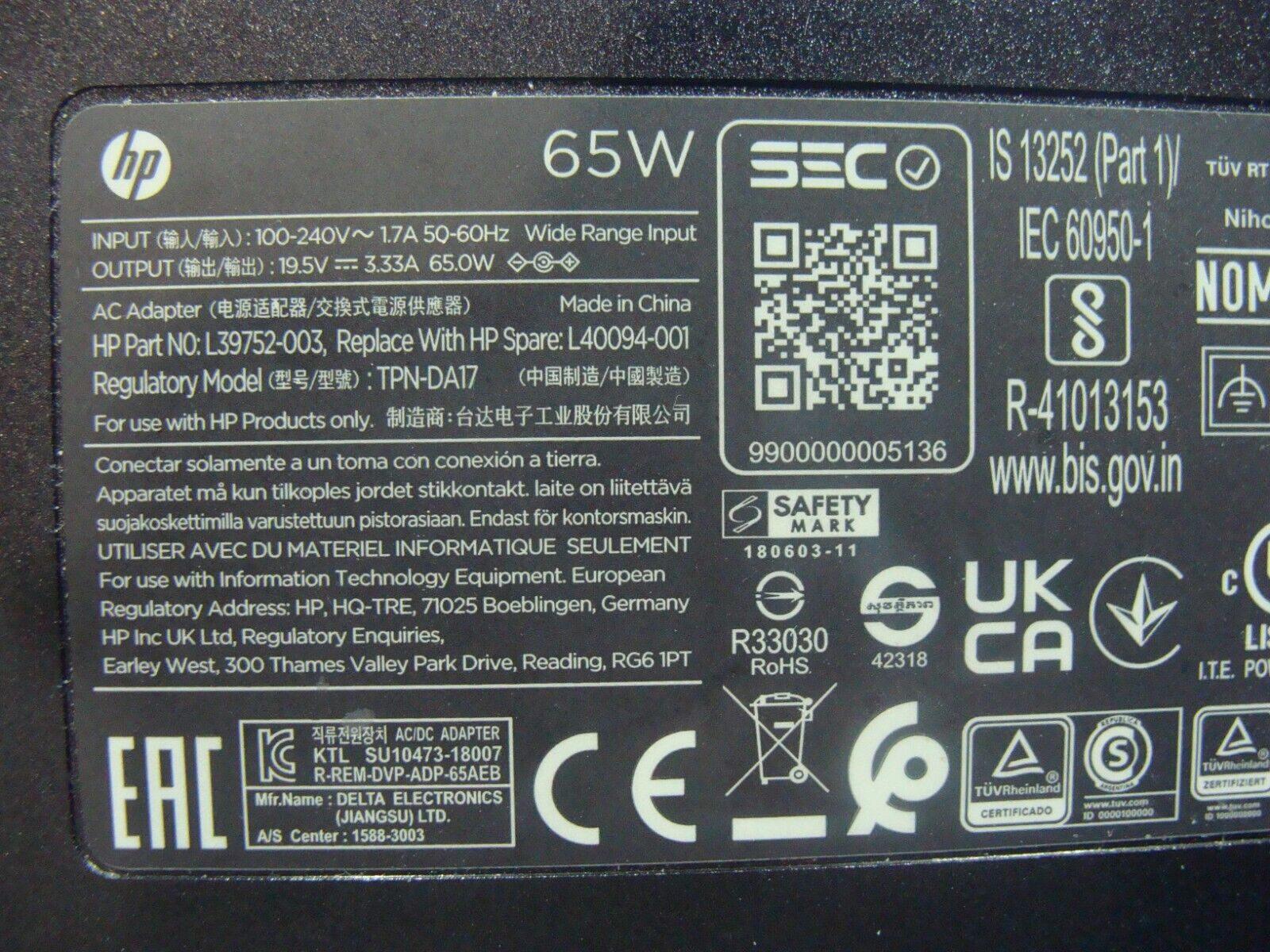 Genuine HP 65W AC Power Supply Adapter Charger L39752-003 L40094-001 TPN-DA17