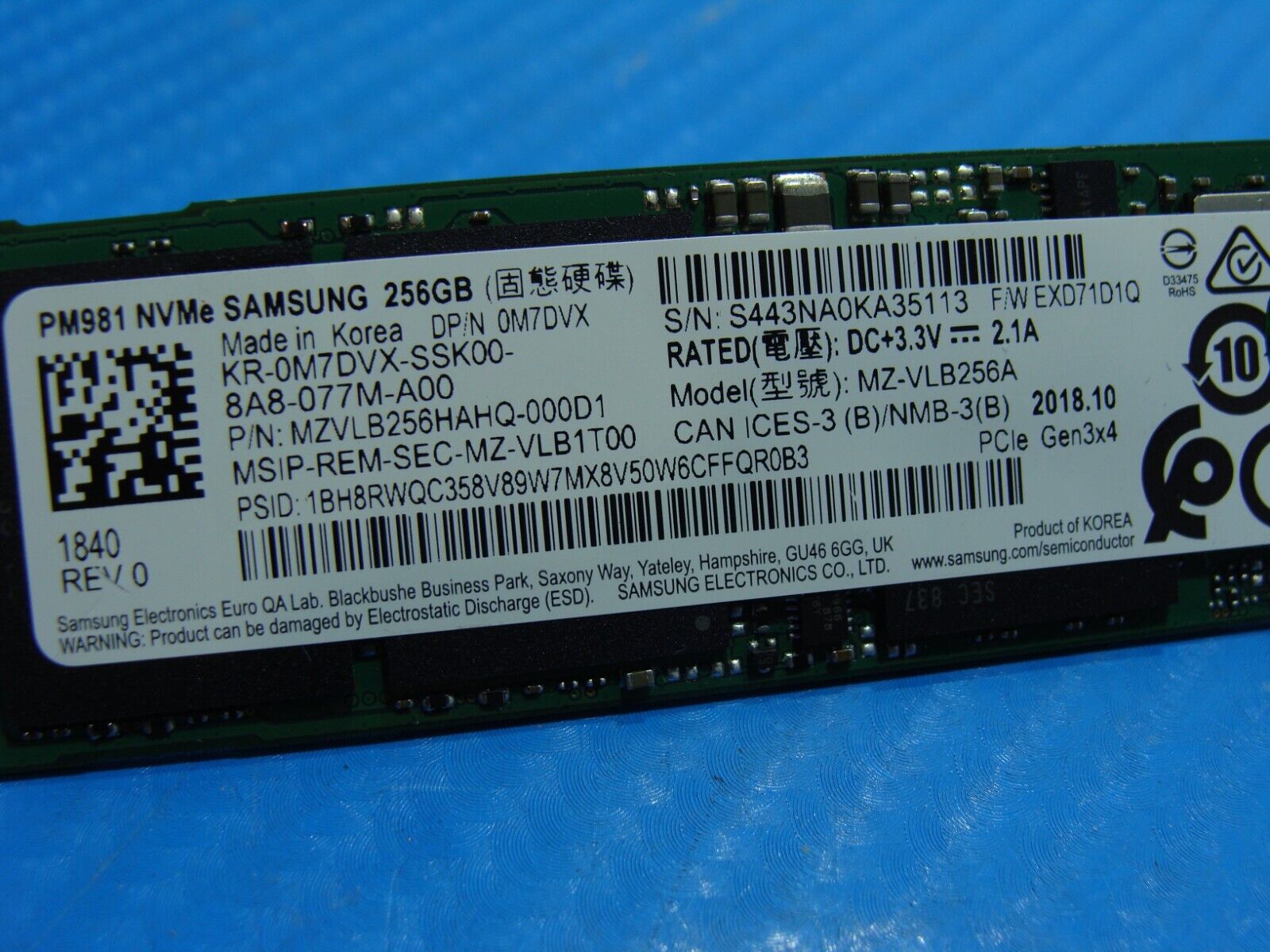 Dell 5491 Samsung 256GB NVMe M.2 SSD Solid State Drive MZVLB256HAHQ-000D1 M7DVX