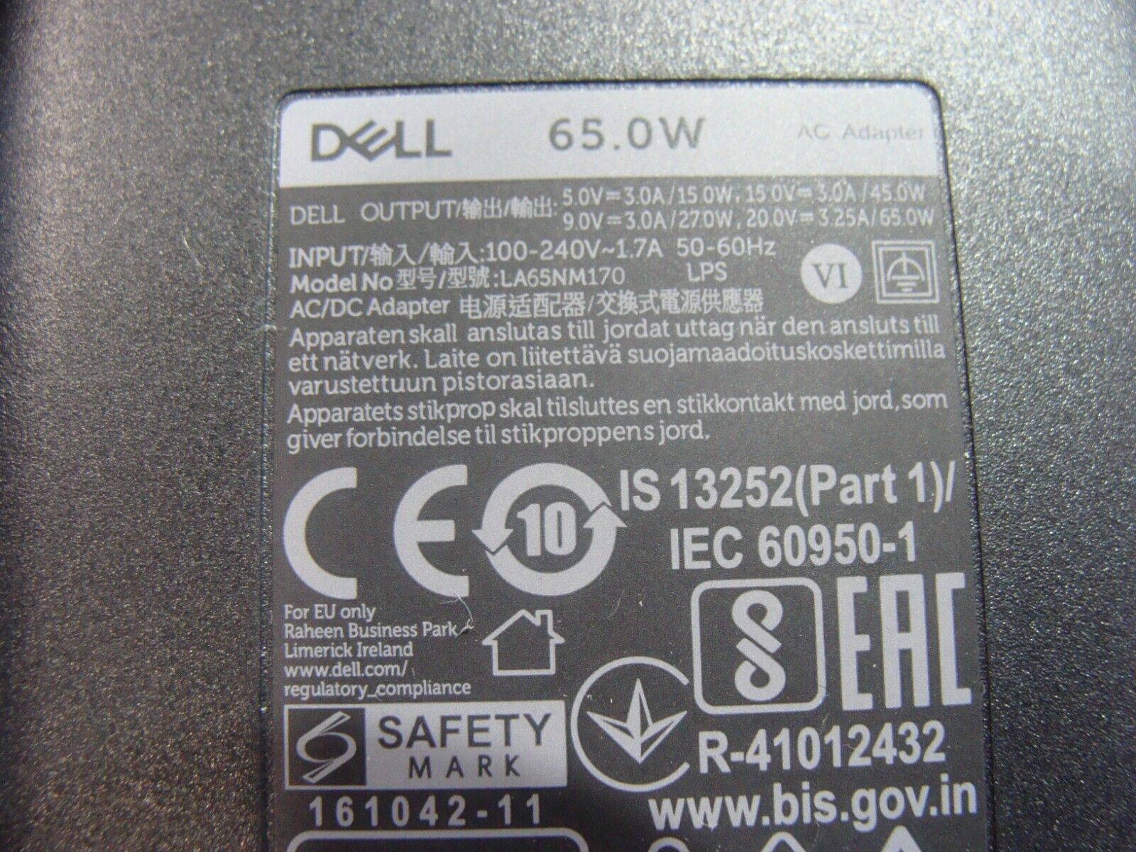 Dell 65W USB-C XPS 13 Type C AC Adapter Power Supply Charger  LA65NM170