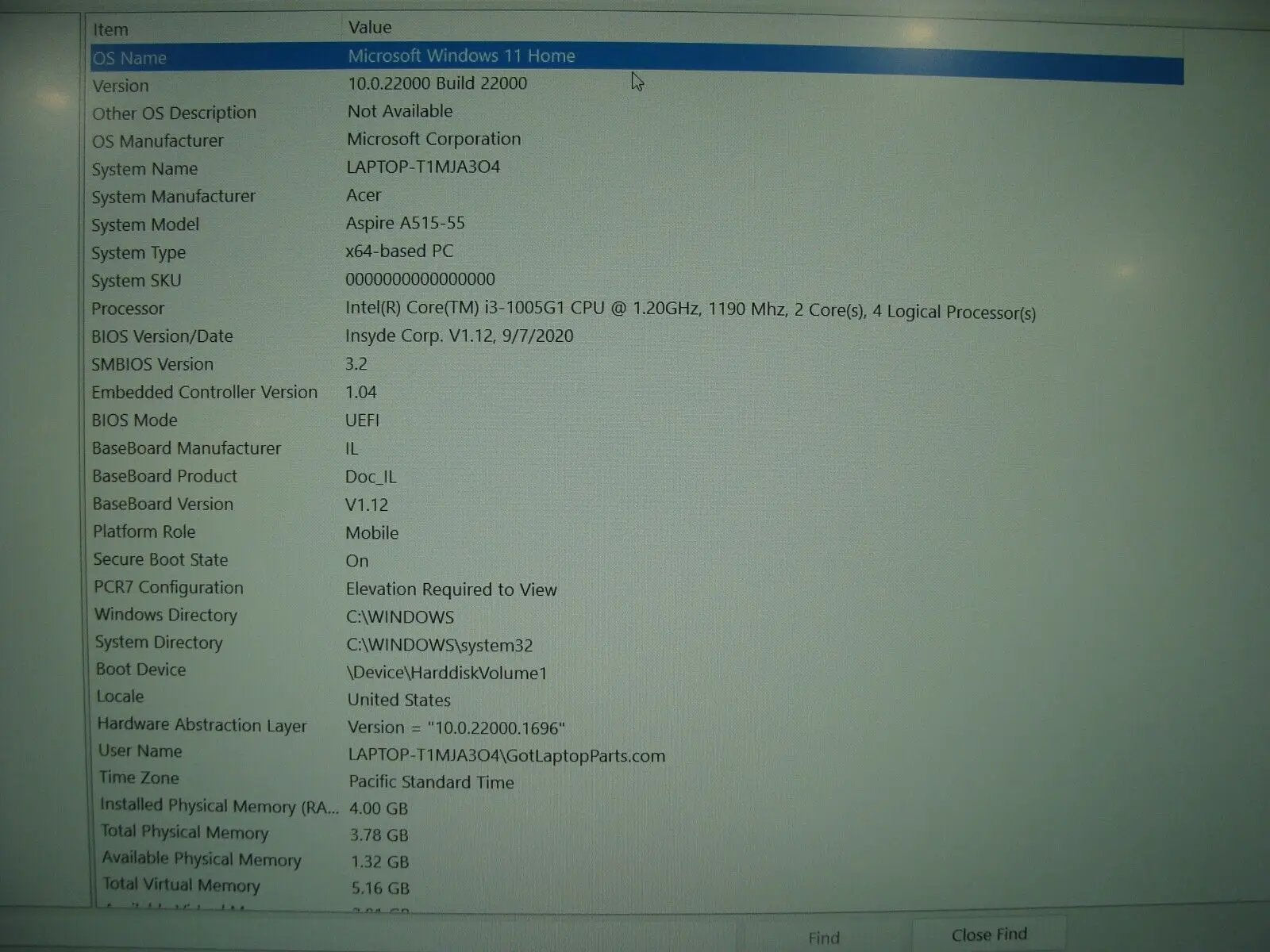 Grade A+ Acer Aspire 5 A515-55-35SE Intel Core i3-1005G1 4GB 128GB SSD 15.6