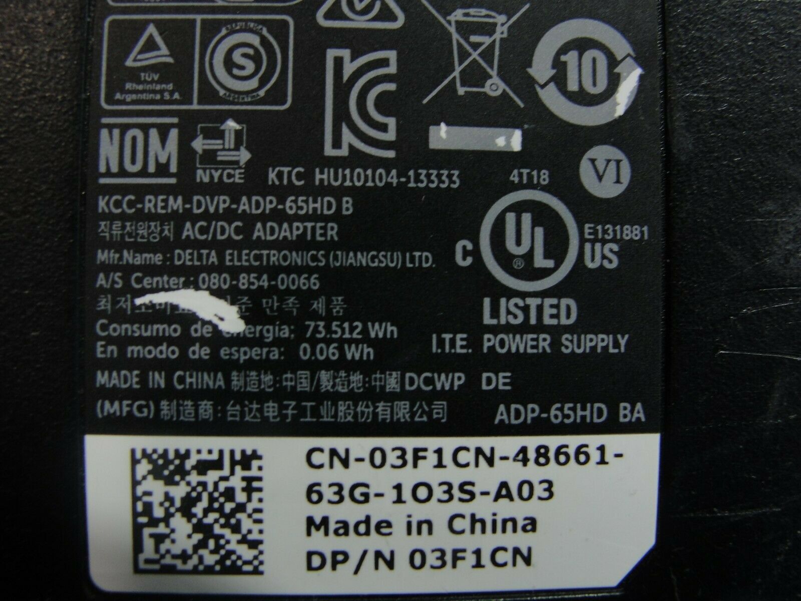 Genuine Dell AC Adapter Power Charger 19.5V 3.34A 65W DA65NM130 03F1CN 