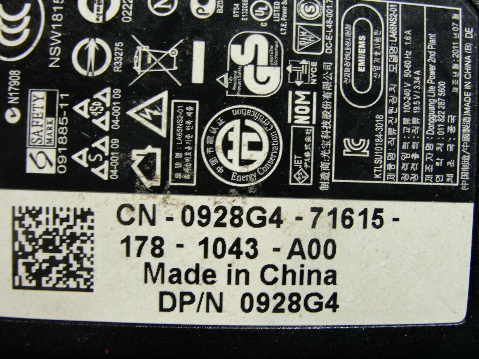 Genuine Dell AC Adapter Power Charger 19.5V 3.34A 65W LA65NS2-01 0928G4 