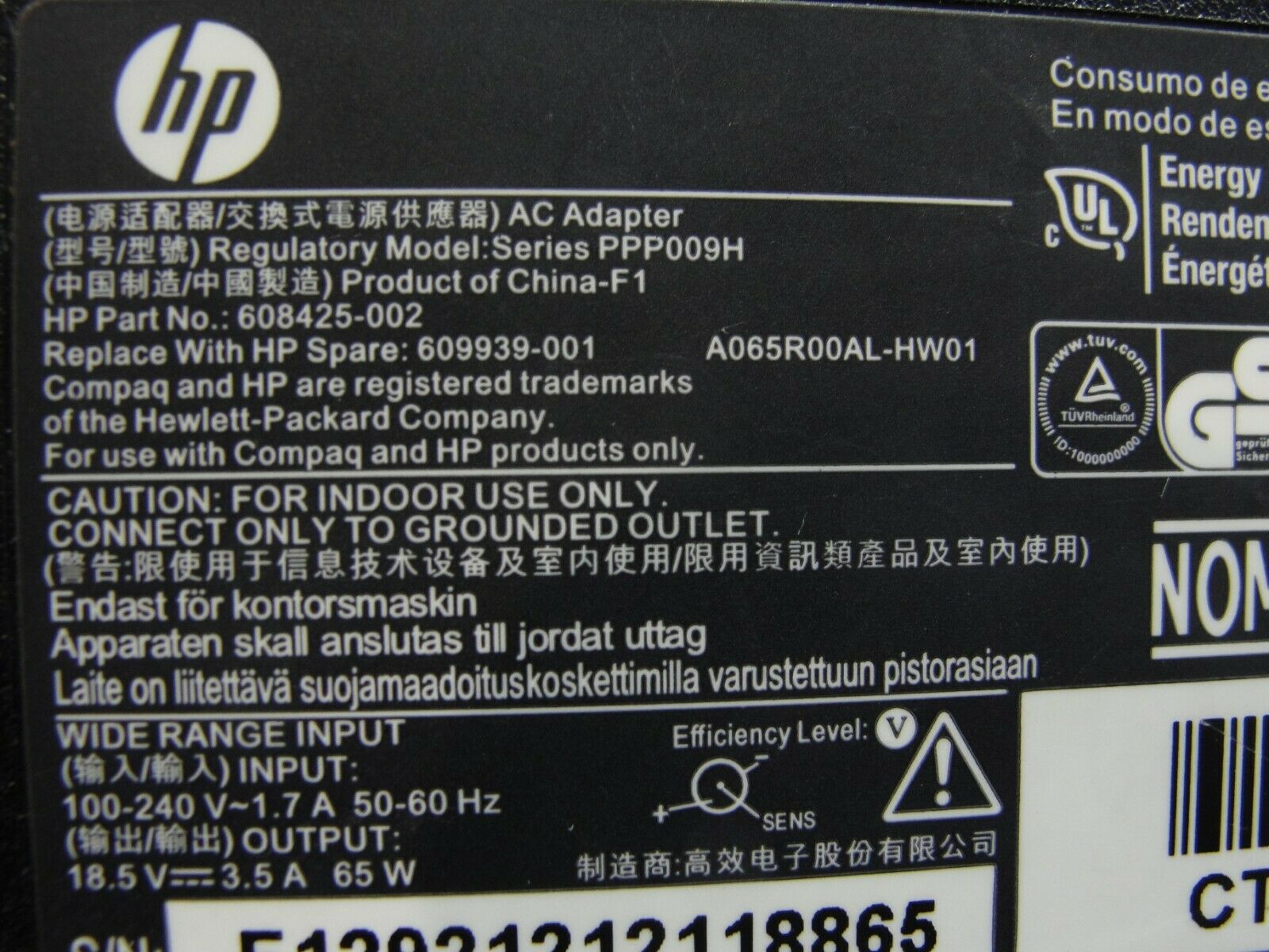 Genuine HP AC Adapter Power Charger 18.5V 3.5A 65W 609939-001 