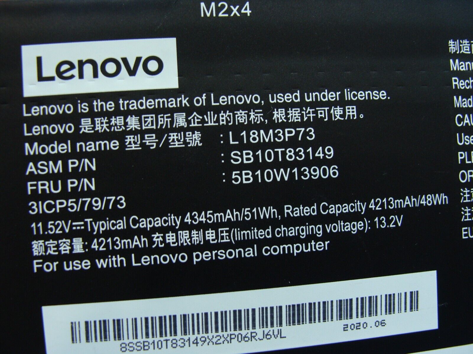 Lenovo ThinkPad T490 14 Battery 11.52V 51Wh 4213mAh L18M3P73 5B10W13906 Cycle 18