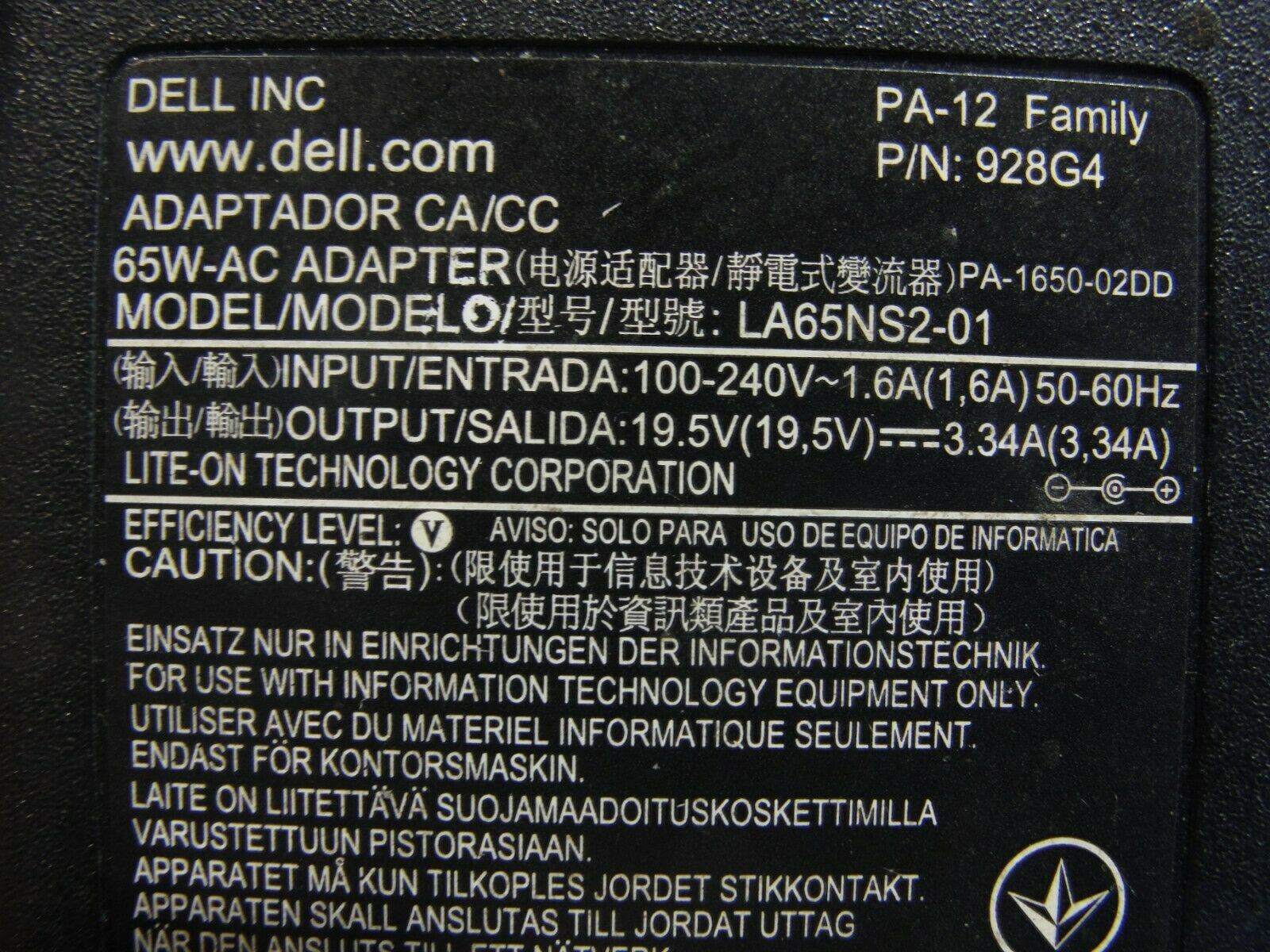 Genuine Dell AC Adapter Power Charger 19.5V 3.34A 65W LA65NS2-01 0928G4 