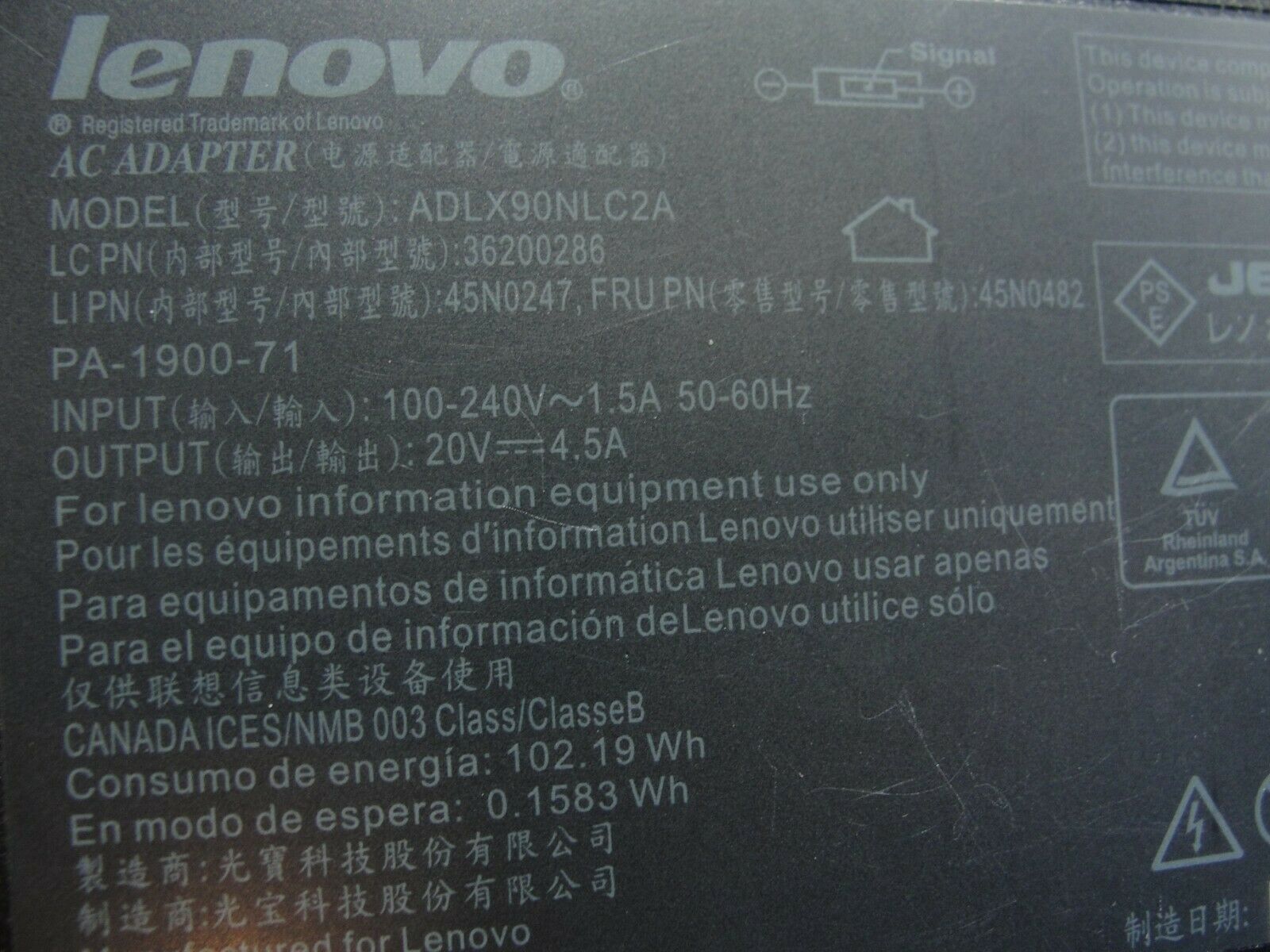 Genuine Lenovo AC Adapter Power Charger 20V 4.5A 90W 45N0482 45N0247 