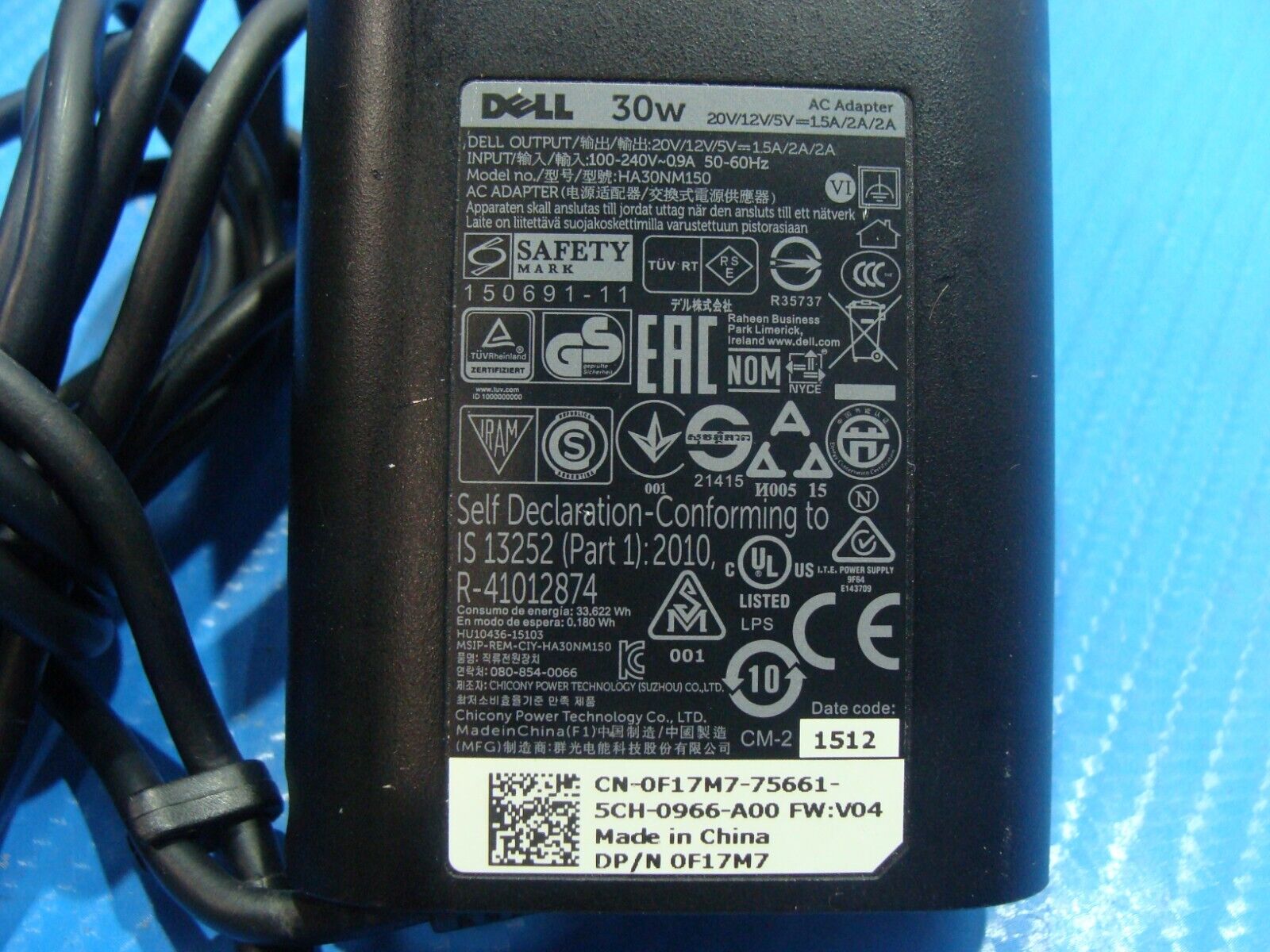 Dell 30W Type C Adapter USB C Charger for HA30NM150  0F17M7