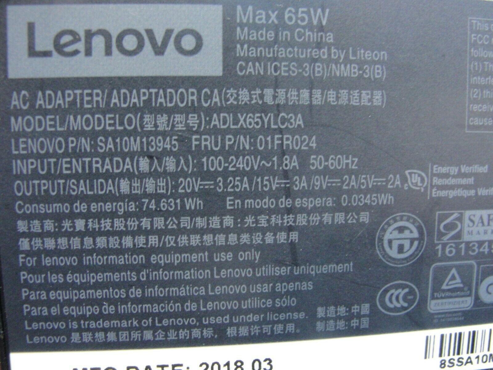 Genuine Lenovo AC Adapter Power Charger 20V 3.25A 65W 01FR024 SA10M13945 