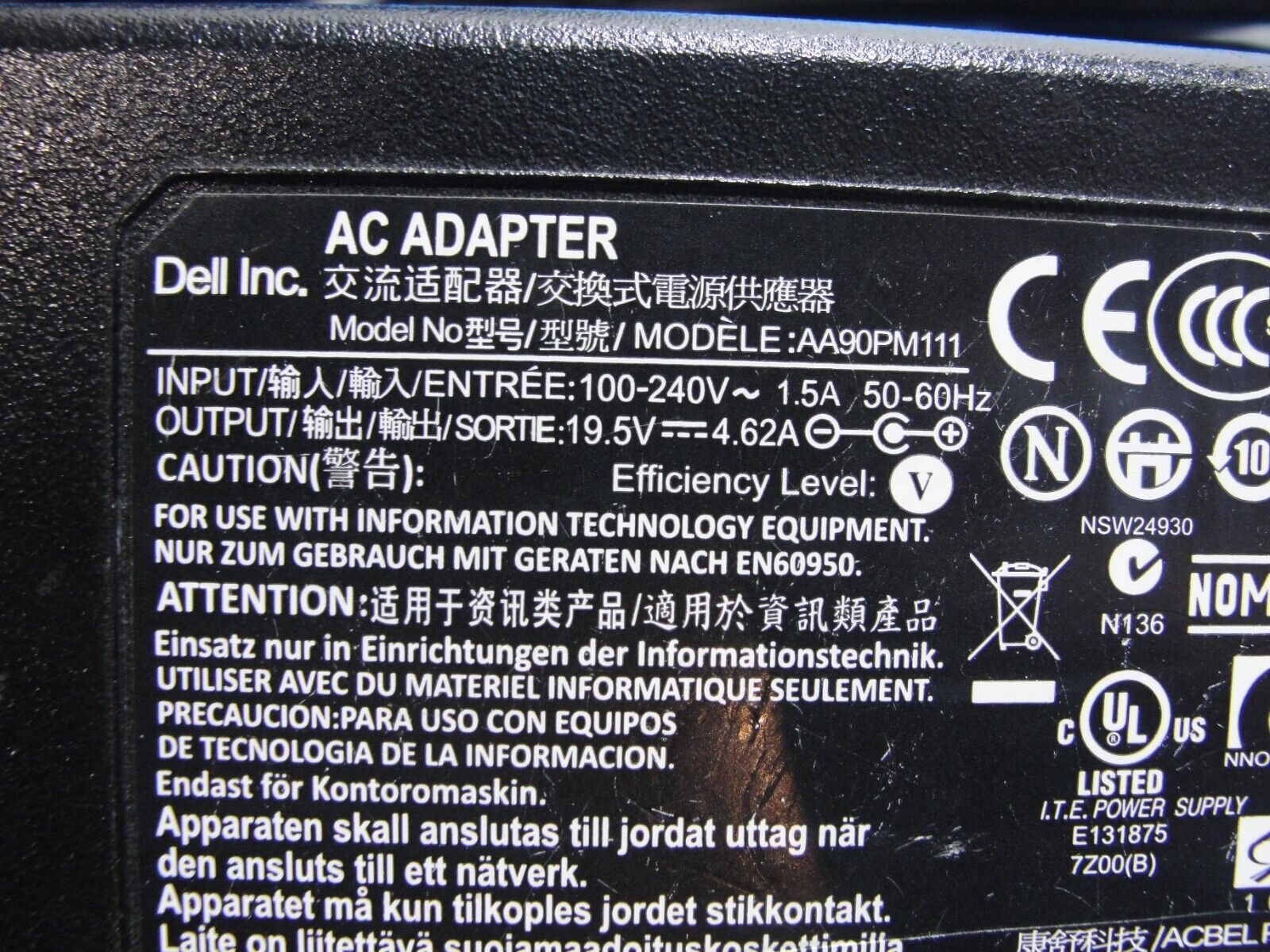 Genuine Dell AC Adapter Power Charger 19.5V 4.62A 90W AA90PM111 0MV2MM