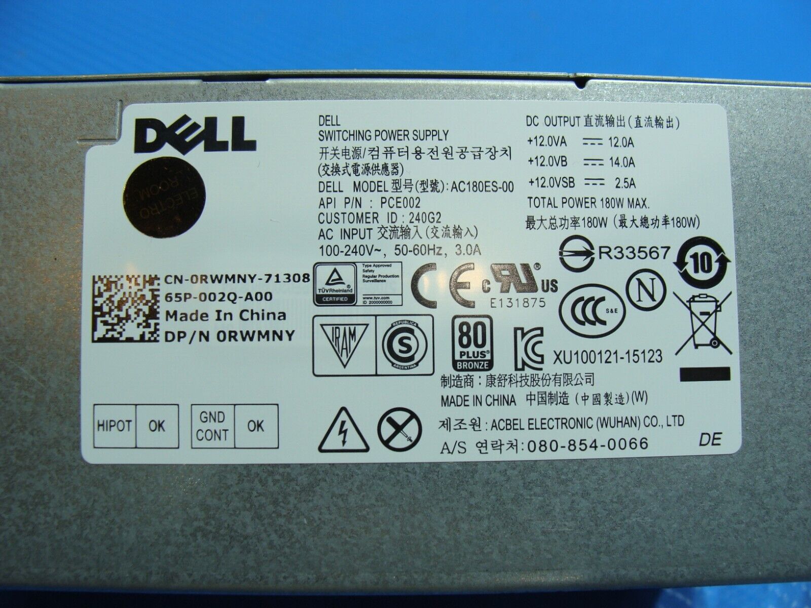 Dell OptiPlex 5040 SFF Genuine Desktop 180W Power Supply AC180ES-00 RWMNY