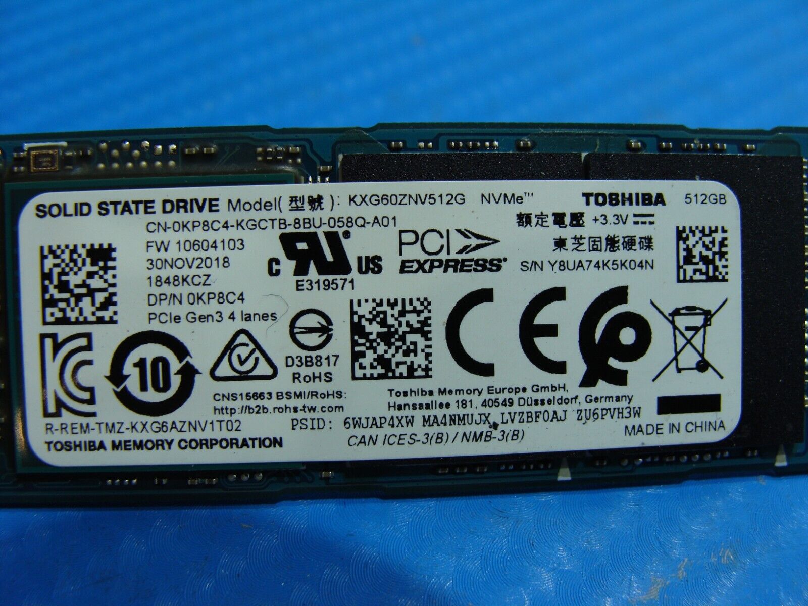 Dell 7530 Toshiba 512GB NVMe M.2 SSD Solid State Drive KXG60ZNV512G KP8C4