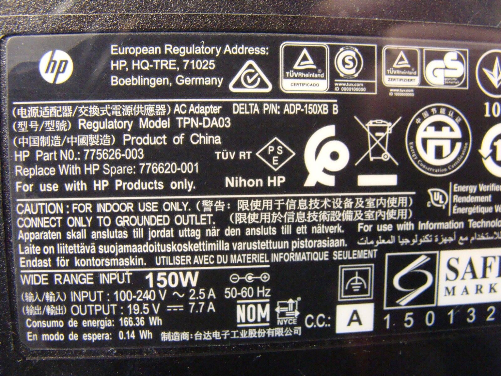 Genuine HP Laptop Charger AC Power Adapter 150W 19.5V 7.7A TPN-DA03 775626-003