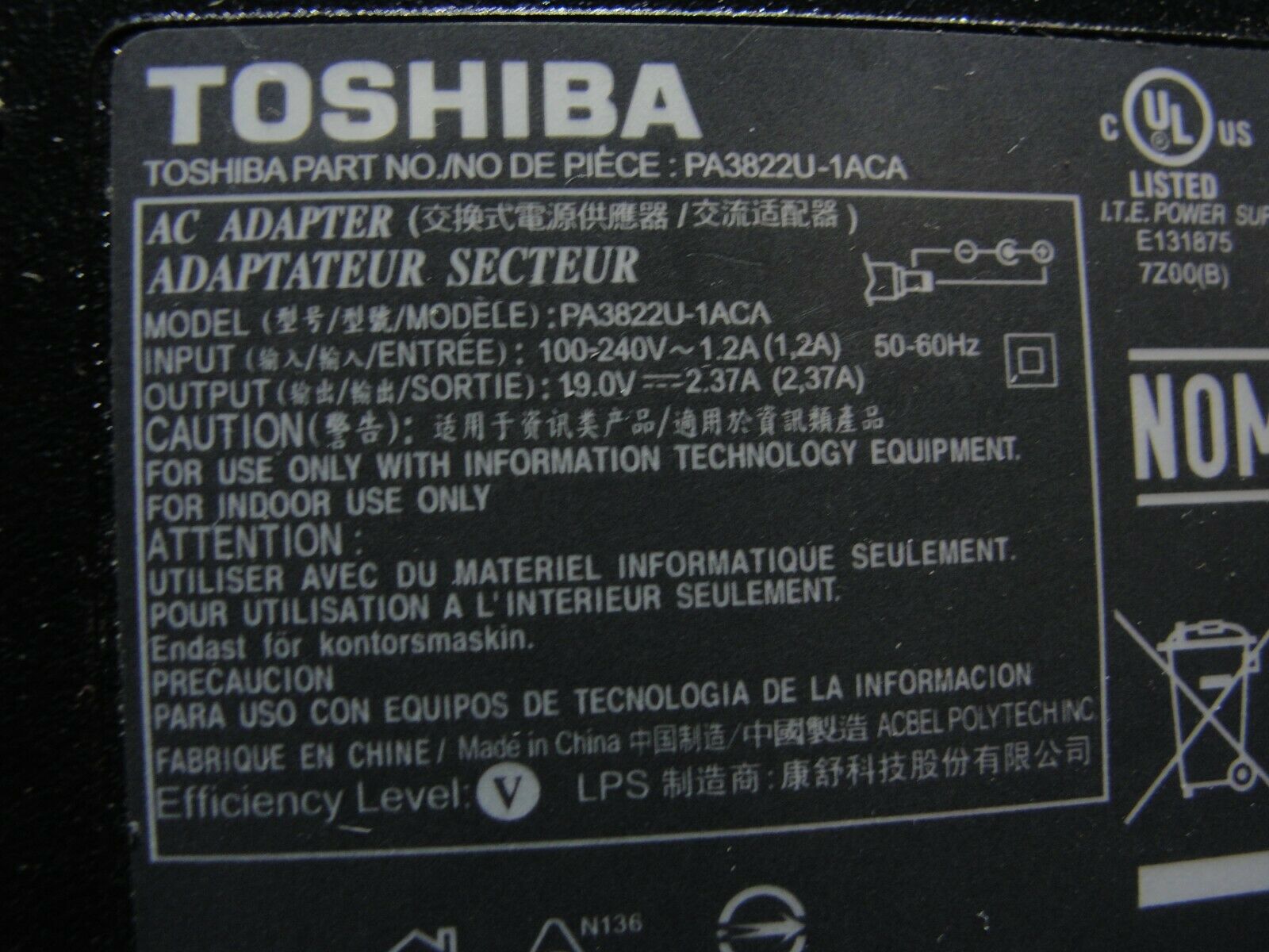 Genuine Toshiba AC Adapter Power Charger 19V 2.37A 45W PA3822U-1ACA G71C000AT210 - Laptop Parts - Buy Authentic Computer Parts - Top Seller Ebay