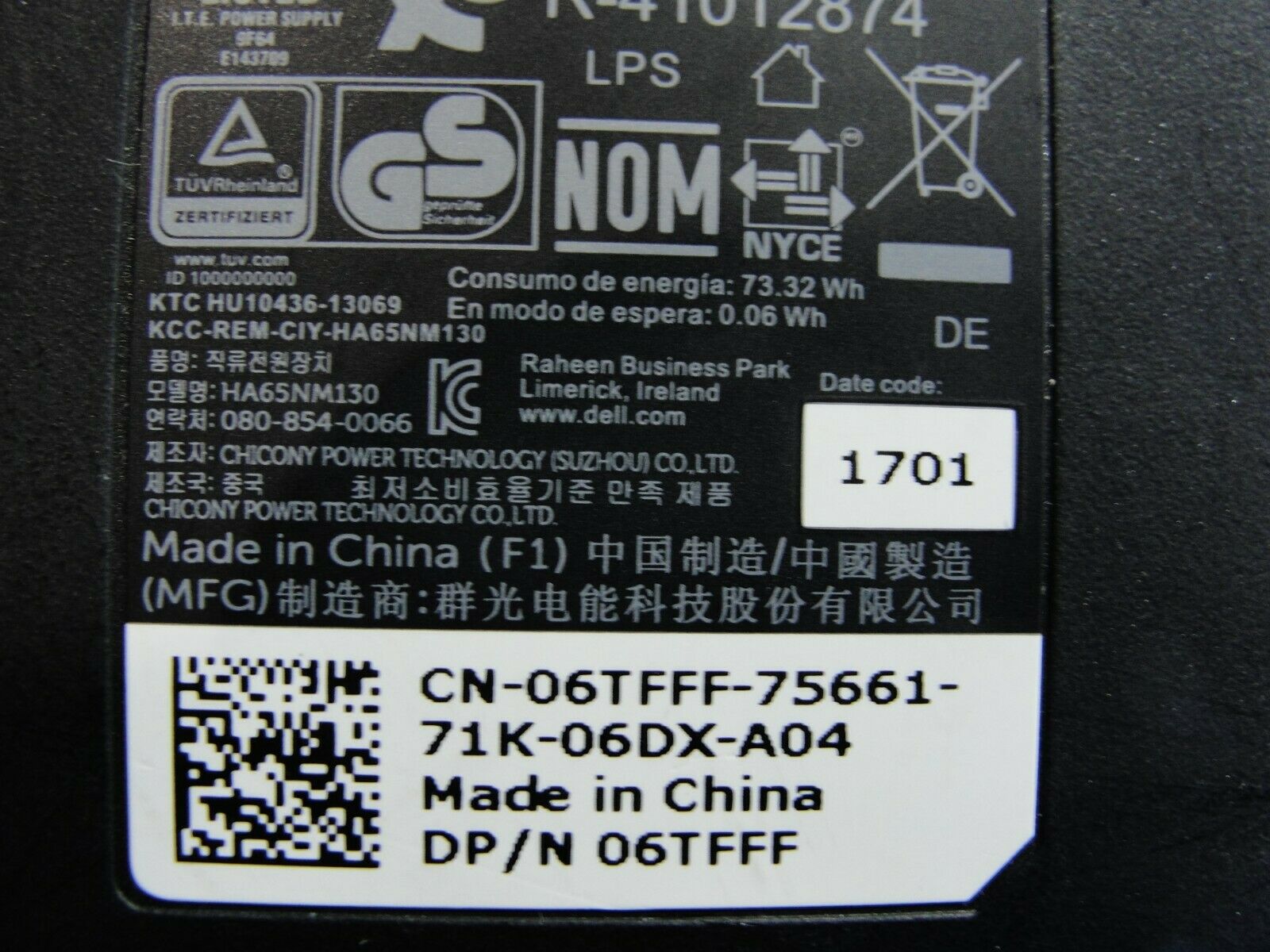 Genuine Dell AC Adapter Power Charger 19.5V 3.34A 65W 06TFFF HA65NM130 