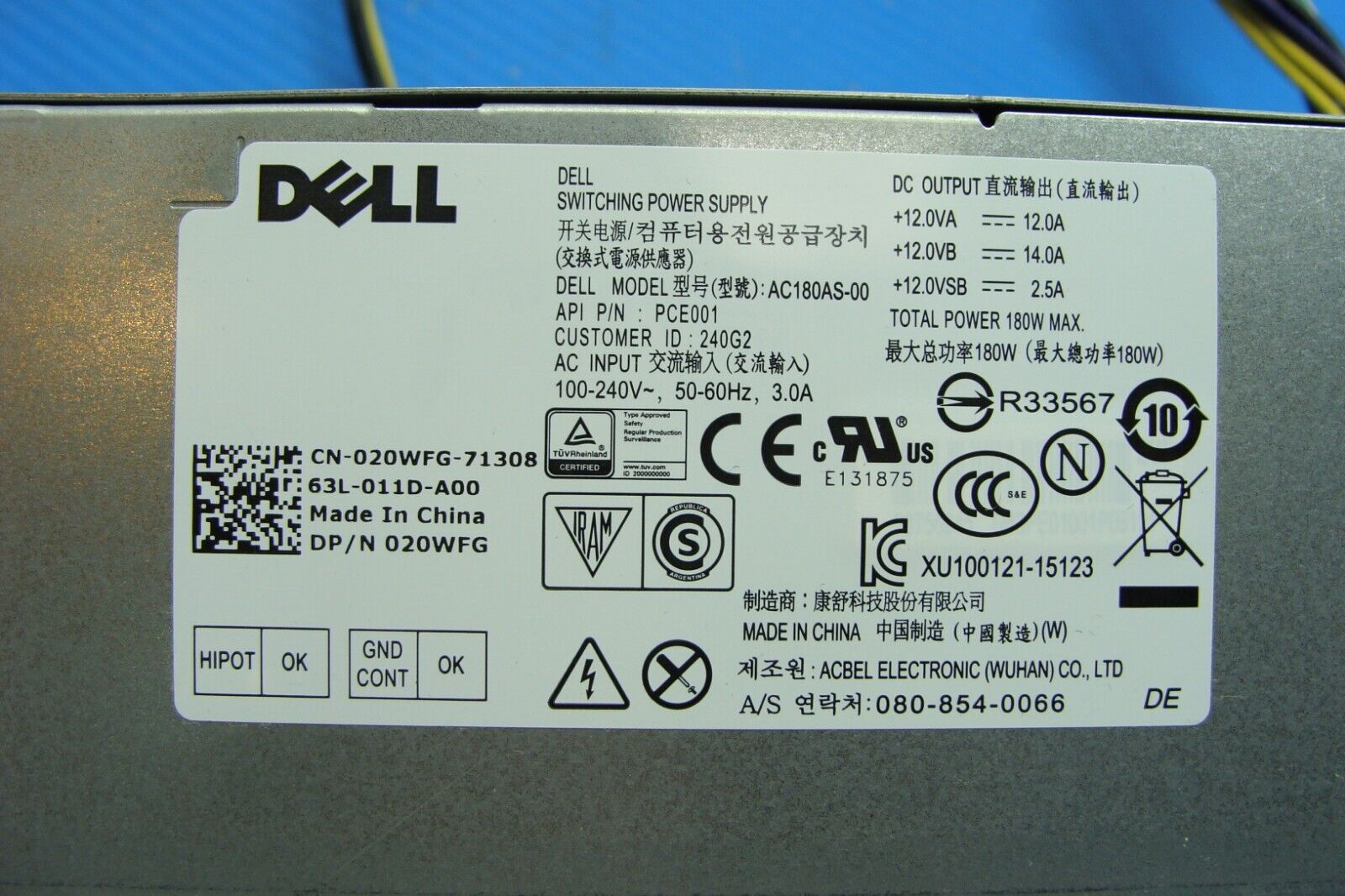 Dell OptiPlex 3040 Genuine Desktop 180W Power Supply AC180AS-00 20WFG