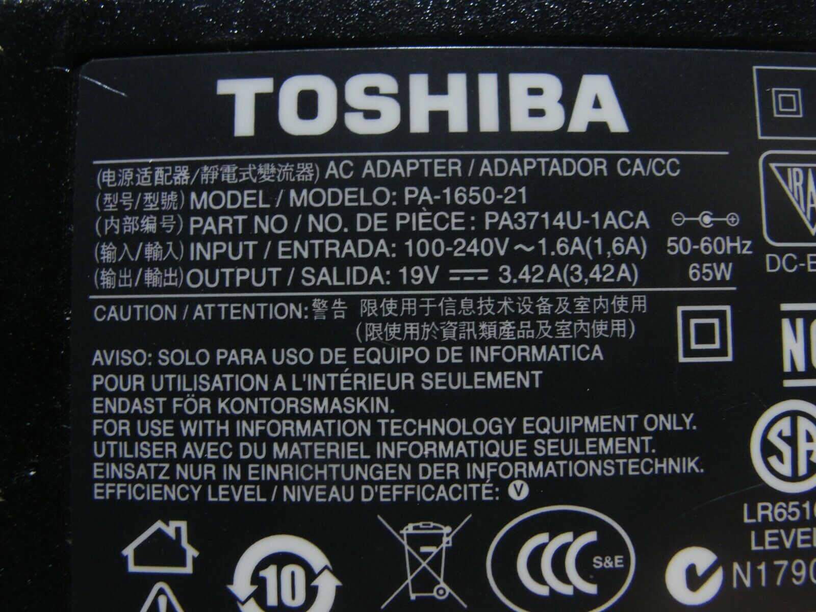 Genuine Toshiba AC Adapter Power Charger 19V 3.42A 65W PA3714U-1ACA G71C0009T110 - Laptop Parts - Buy Authentic Computer Parts - Top Seller Ebay