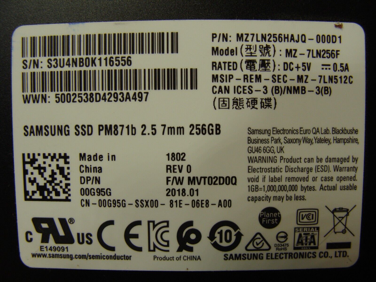 Dell 13 5379 Samsung 256GB SATA 2.5