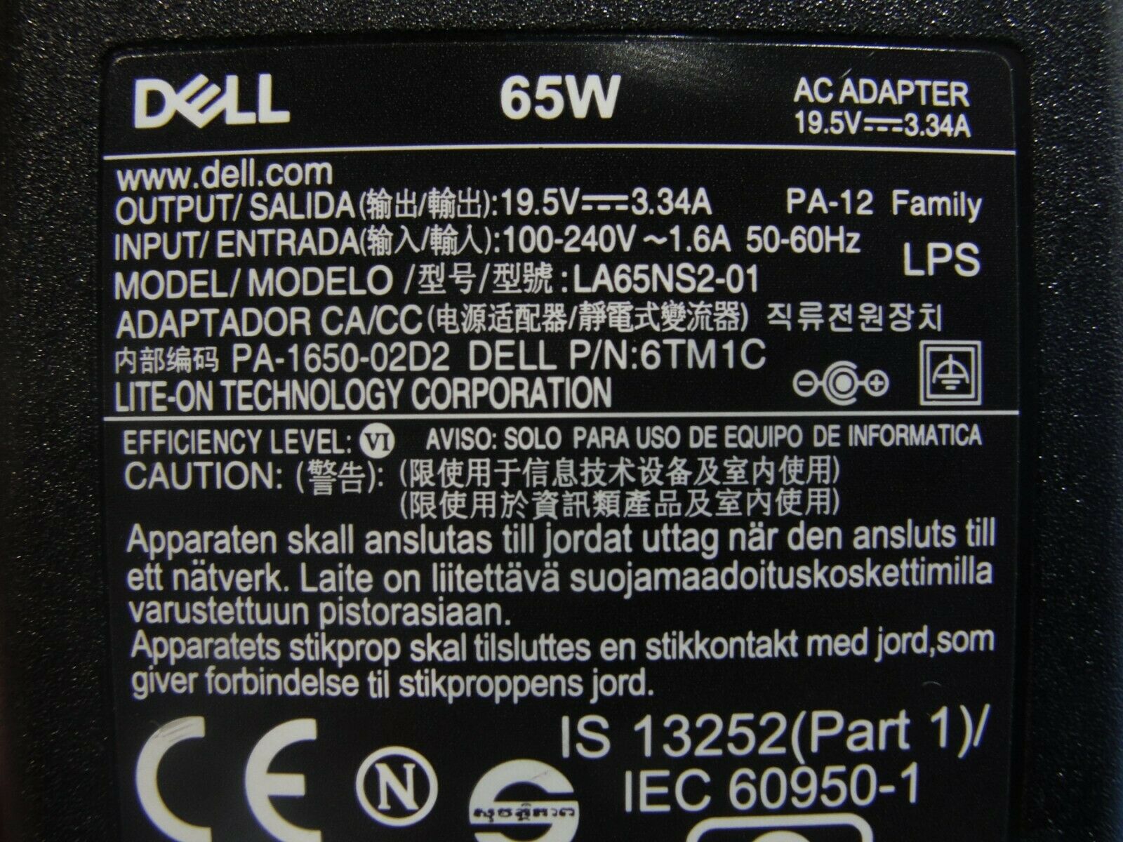 Genuine Dell AC Adapter Power Charger 19.5V 3.34A 65W LA65NS2-01 06TM1C 