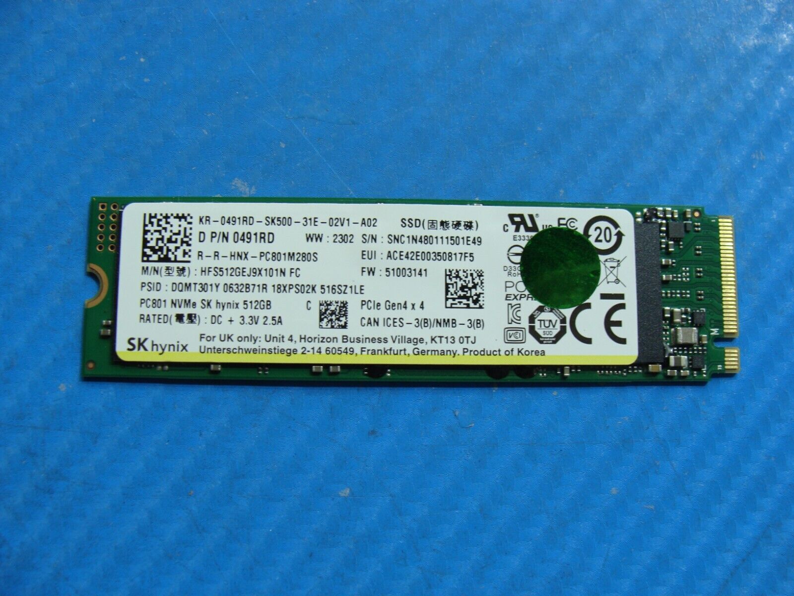 Dell 7480 SK Hynix 512GB NVMe M.2 SSD Solid State Drive HFS512GEJ9X101N 491RD