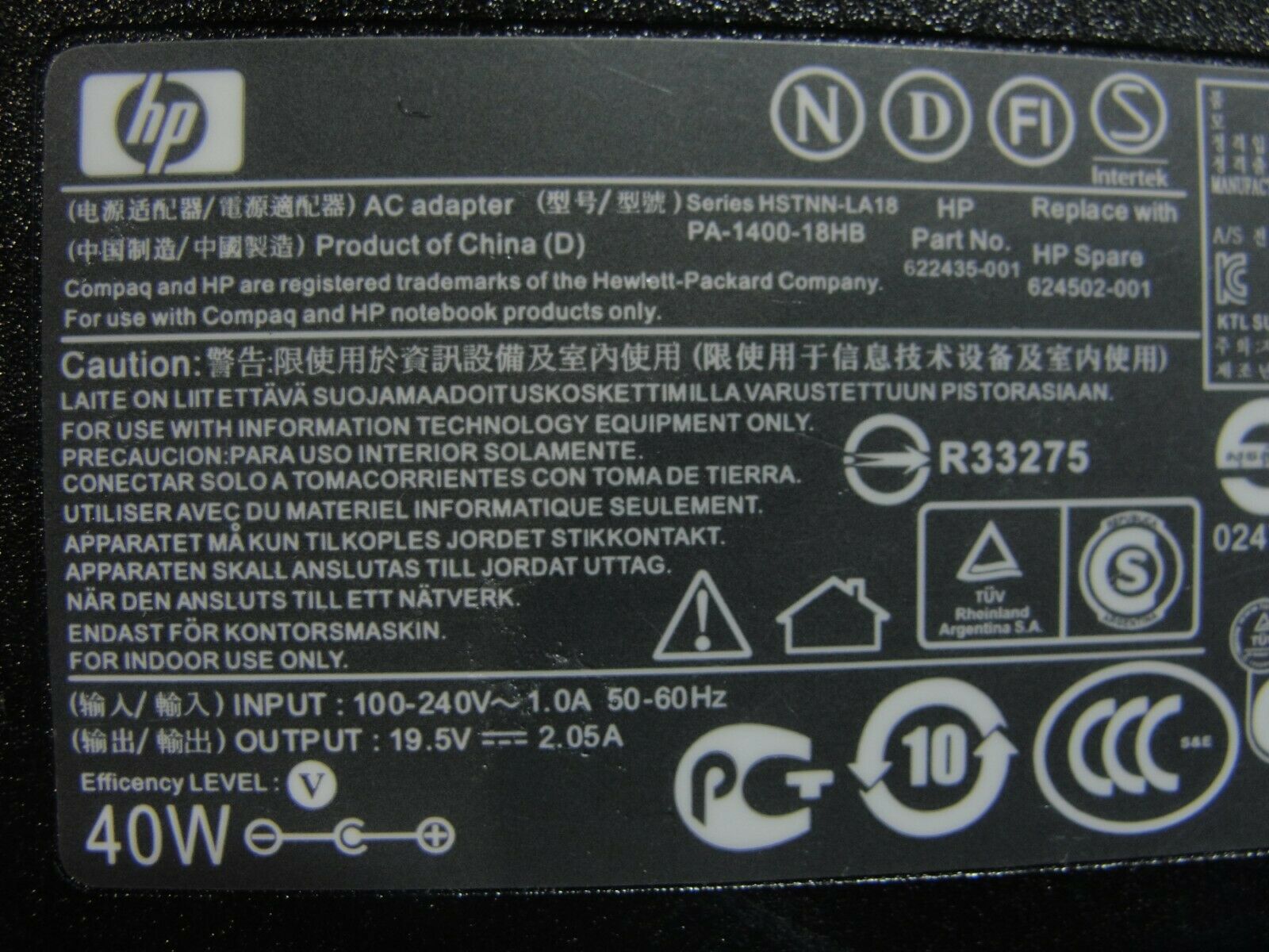 Genuine HP AC Adapter Power Charger 19.5V 2.05A 40W 624502-001 