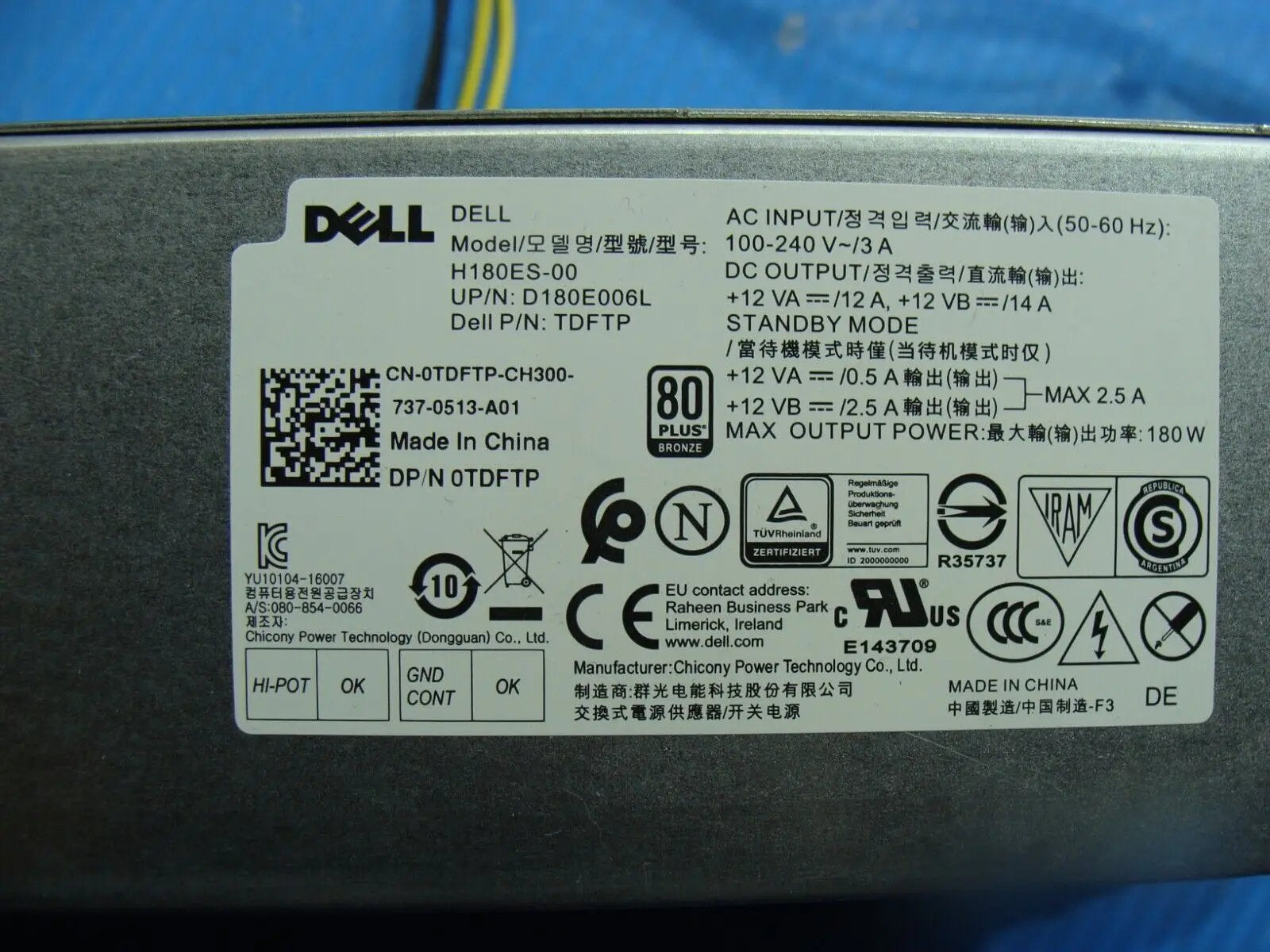 Dell OptiPlex 3050 SFF Genuine Desktop 180W Power Supply H180ES-00 TDFTP