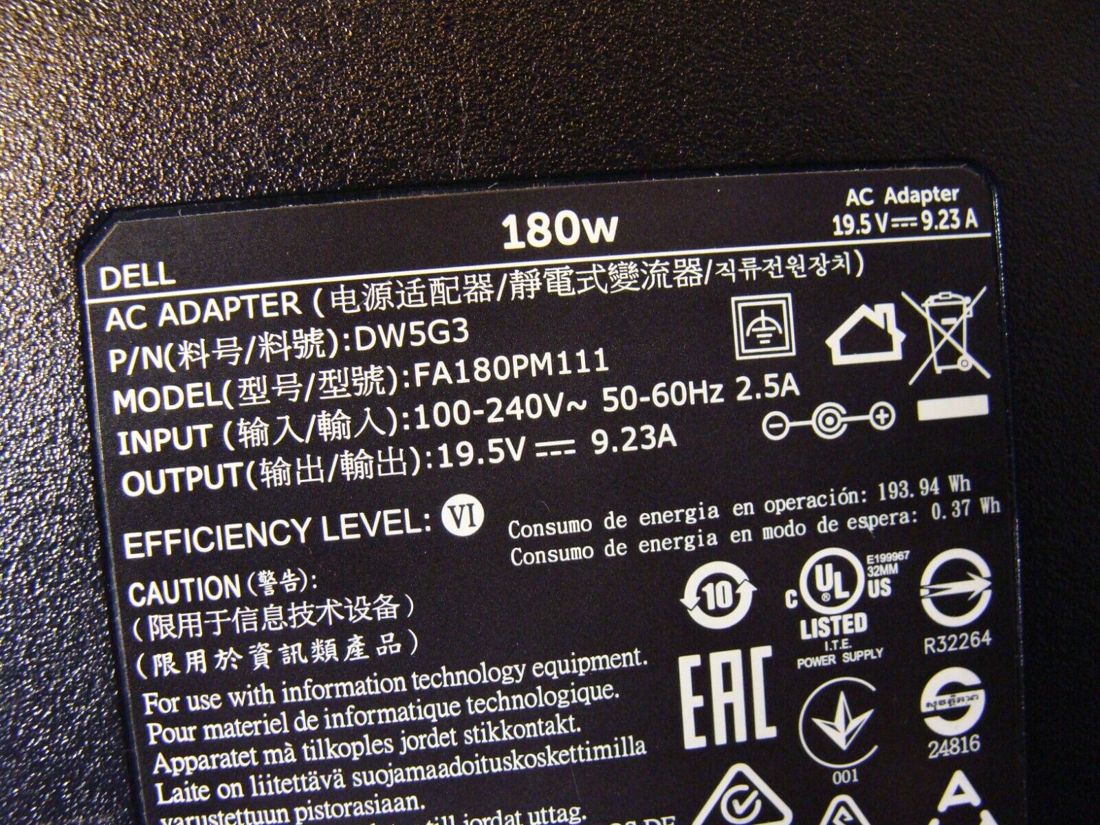 Genuine Dell AC Adapter Power Charger 19.5V 9.23A 180W FA180PM111 DW5G3