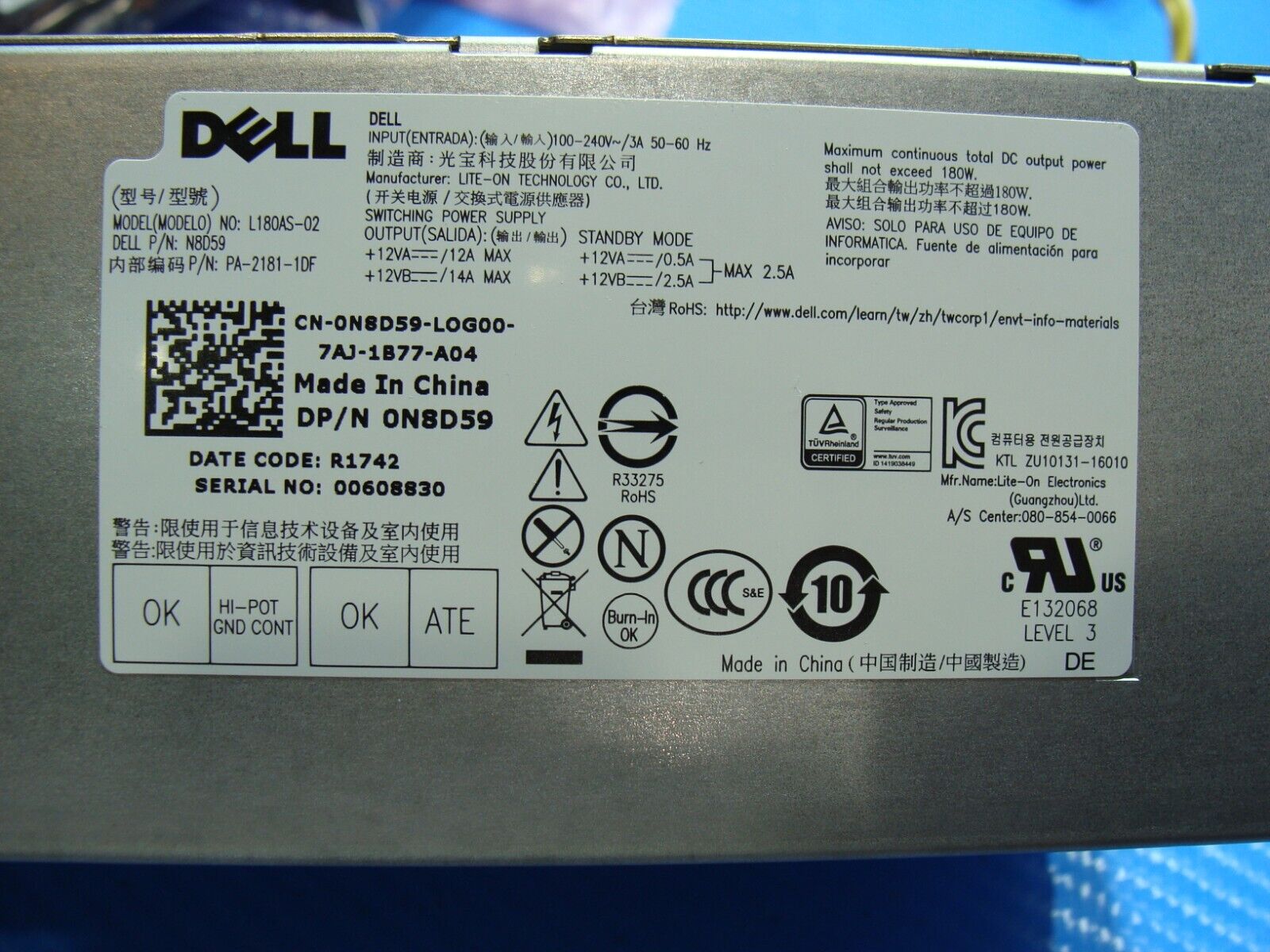 Dell Optiplex 3050 Genuine Desktop 180W SFF Power Supply L180AS-02 N8D59