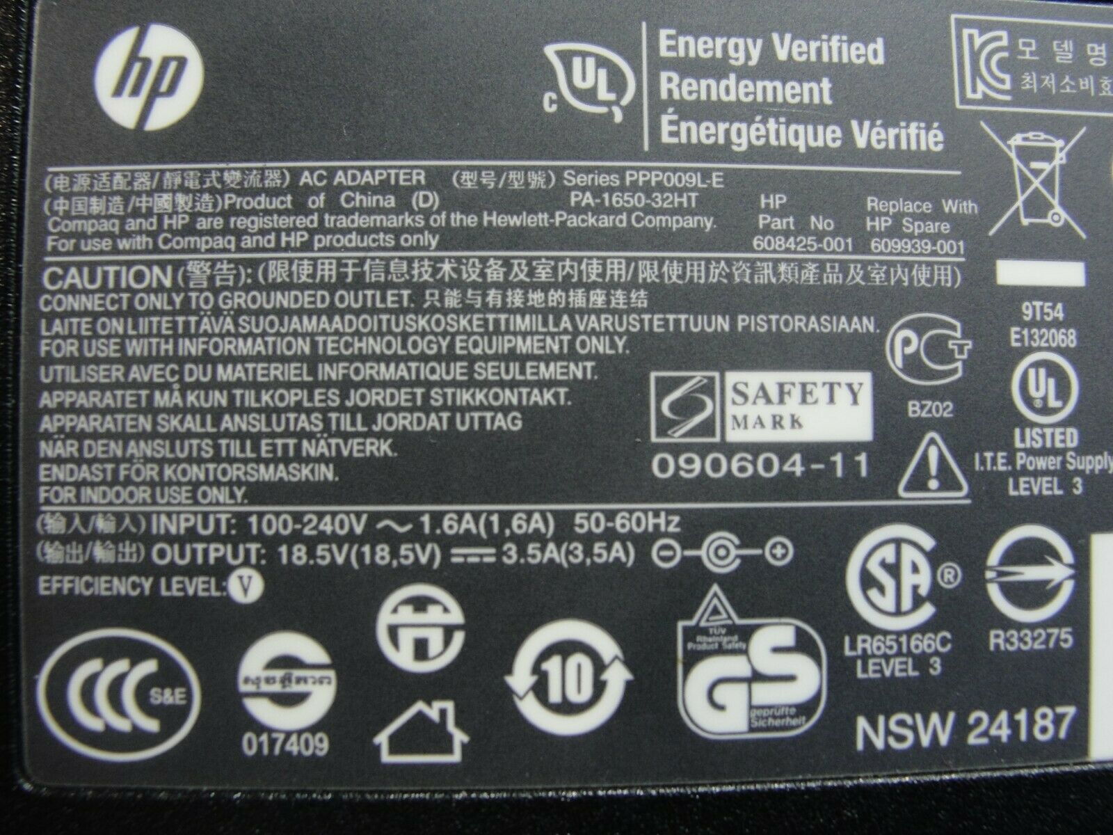 Genuine HP AC Adapter Power Charger 18.5V 3.5A 65W 609939-001 